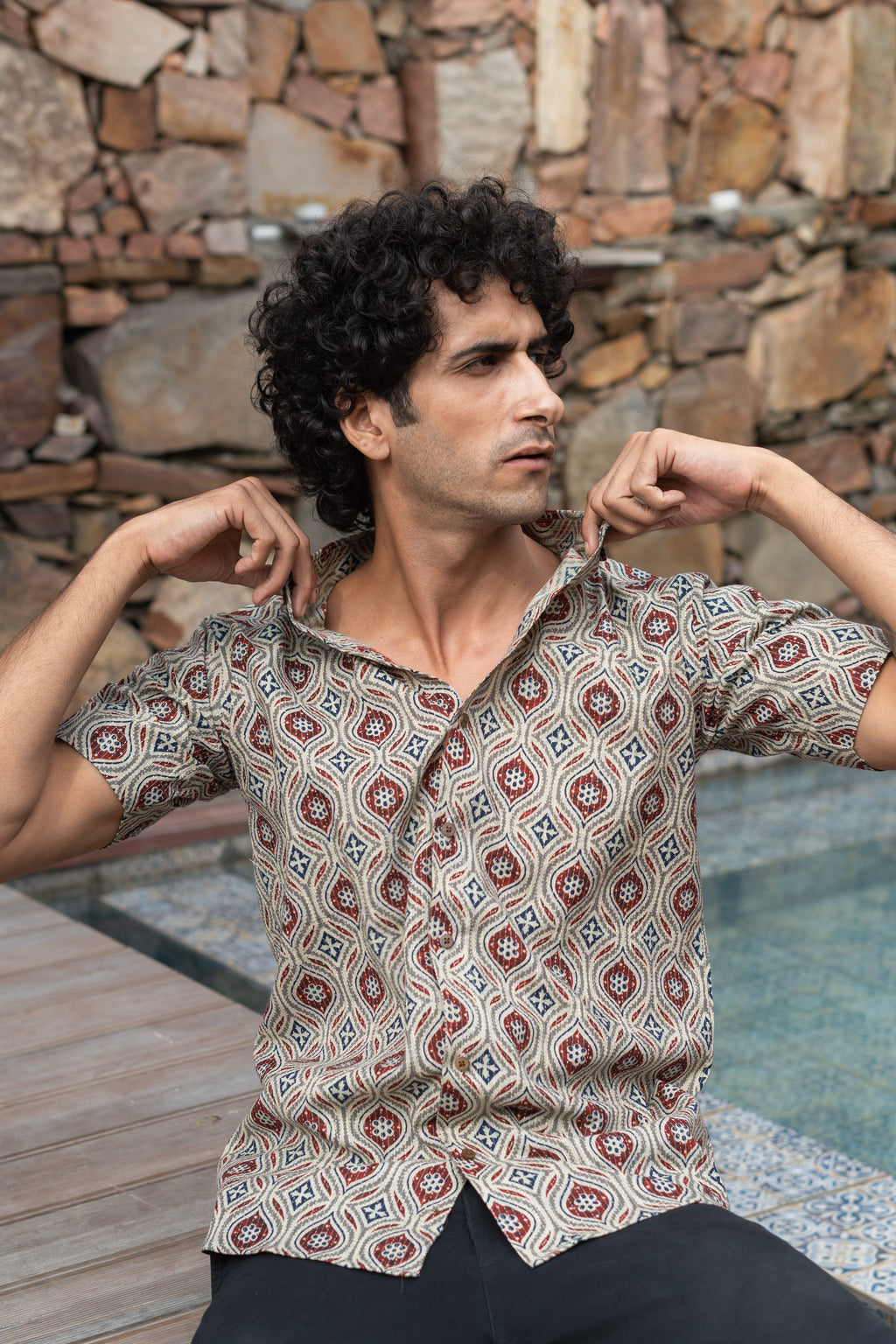 The Pale Tribal Print Kantha Work Half Sleeve Shirt