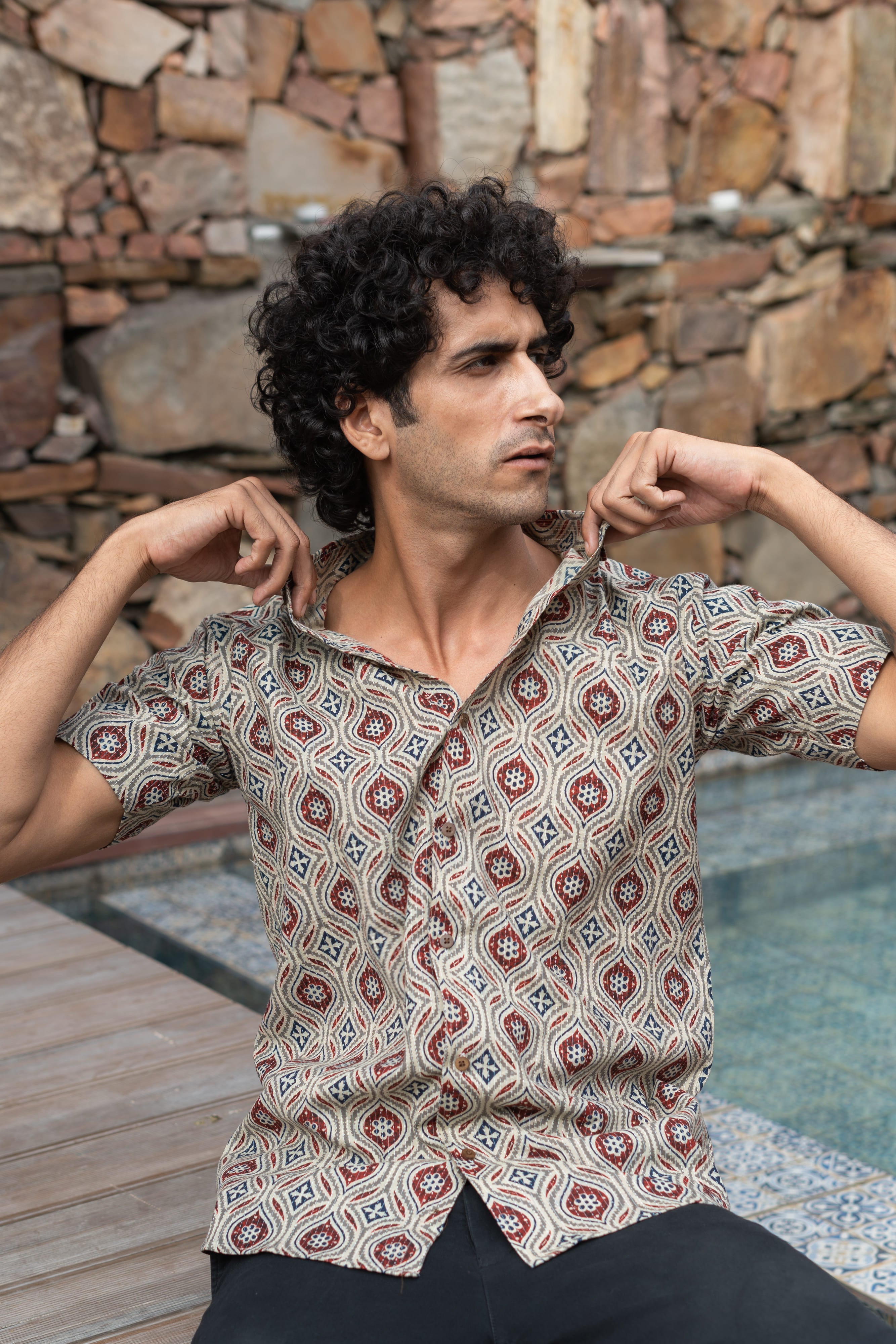 The Pale Tribal Print Kantha Work Half Sleeve Shirt