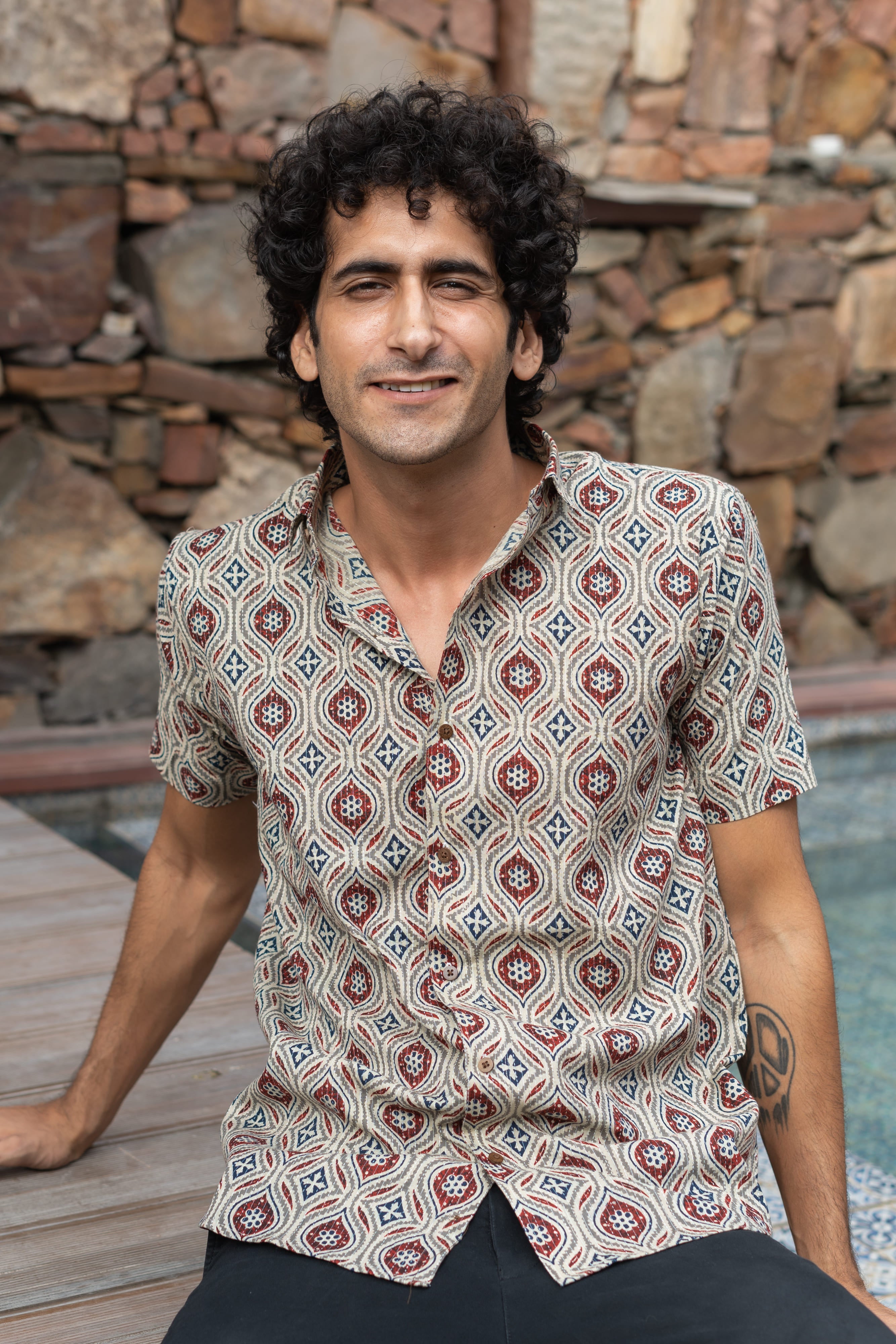 The Pale Tribal Print Kantha Work Half Sleeve Shirt