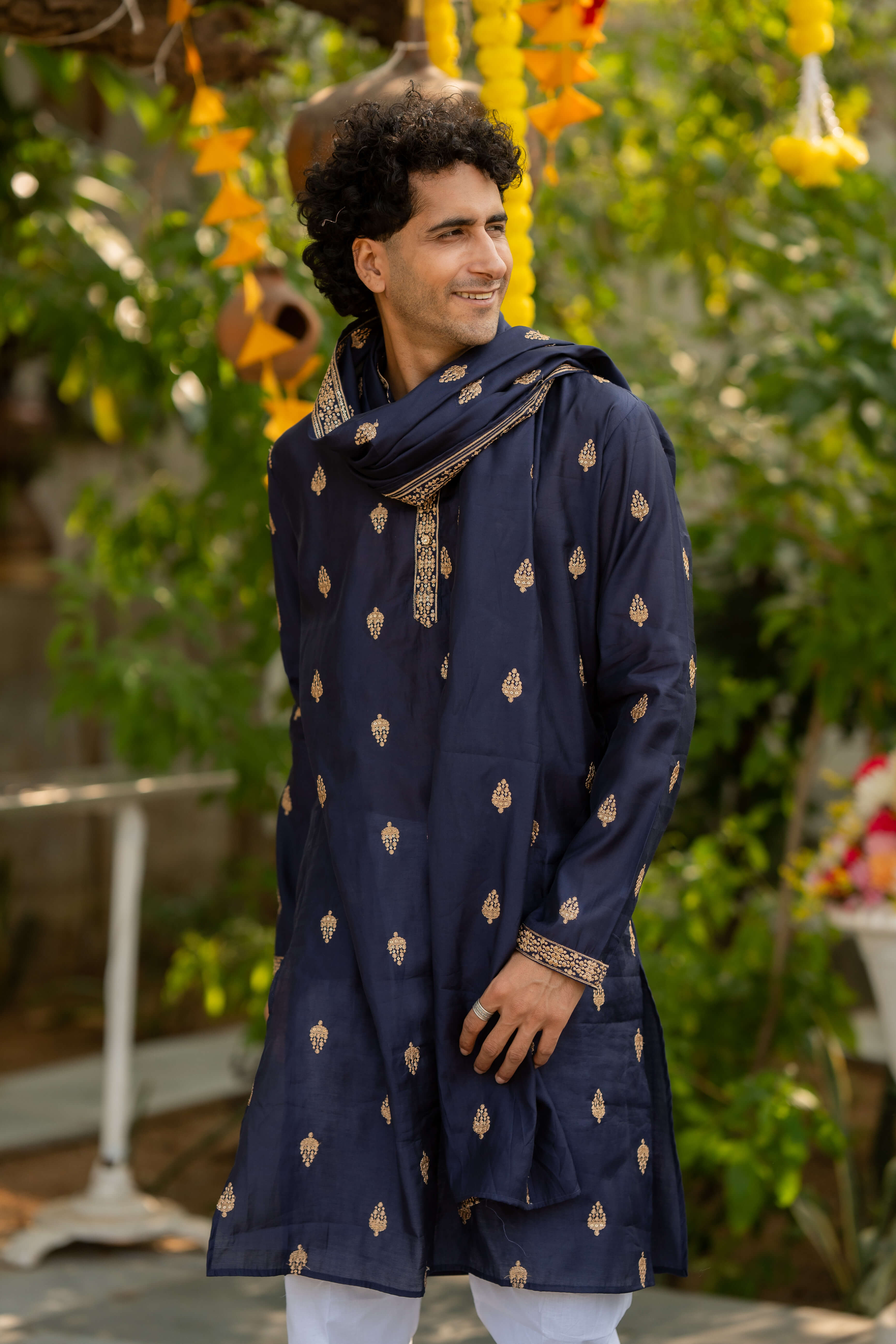 The Midnight Blue Long Kurta With Butti Embroidery And Sequins Work and Dupatta