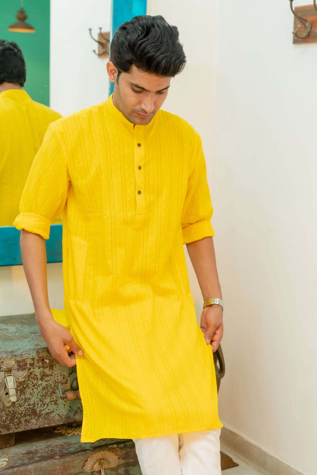 The Bright Yellow Colour Long Kurta In Woven Dobby Cotton