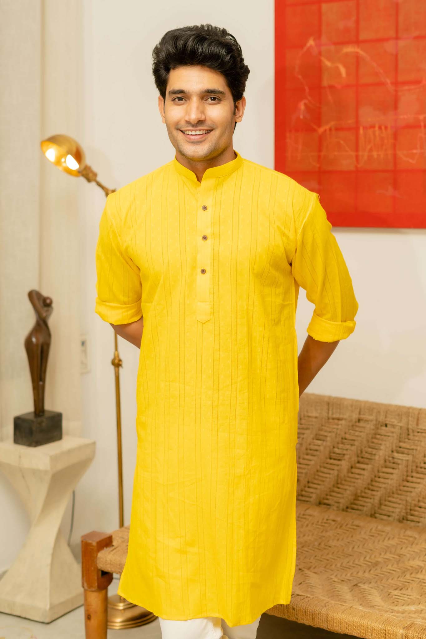 The Bright Yellow Colour Long Kurta In Woven Dobby Cotton