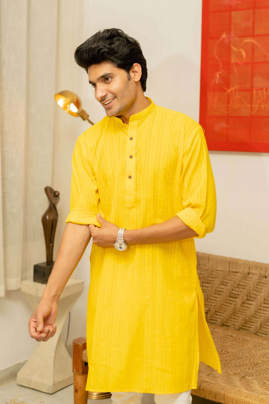 The Bright Yellow Colour Long Kurta In Woven Dobby Cotton