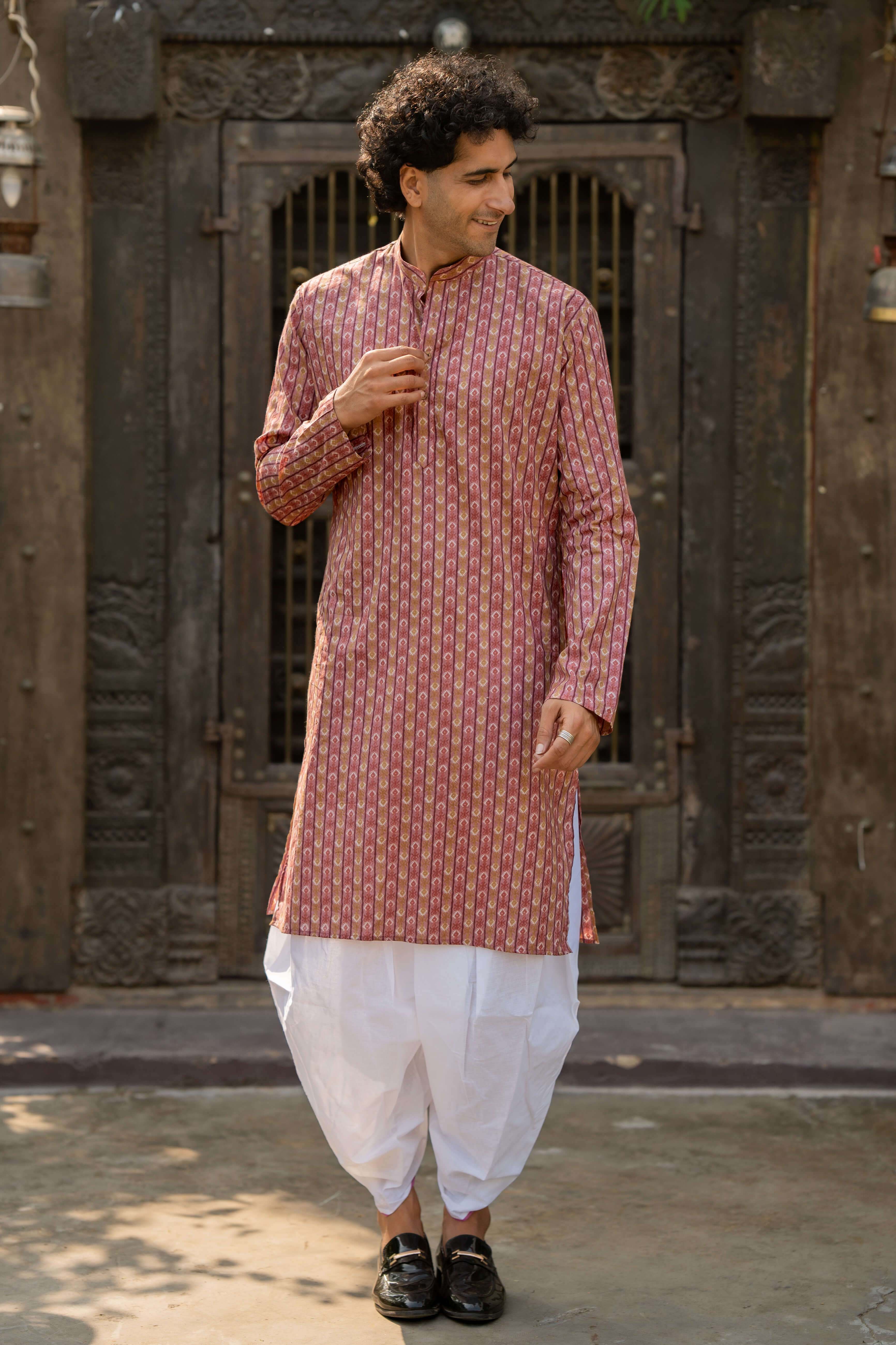 orcid pink long kurta for men with tribal print