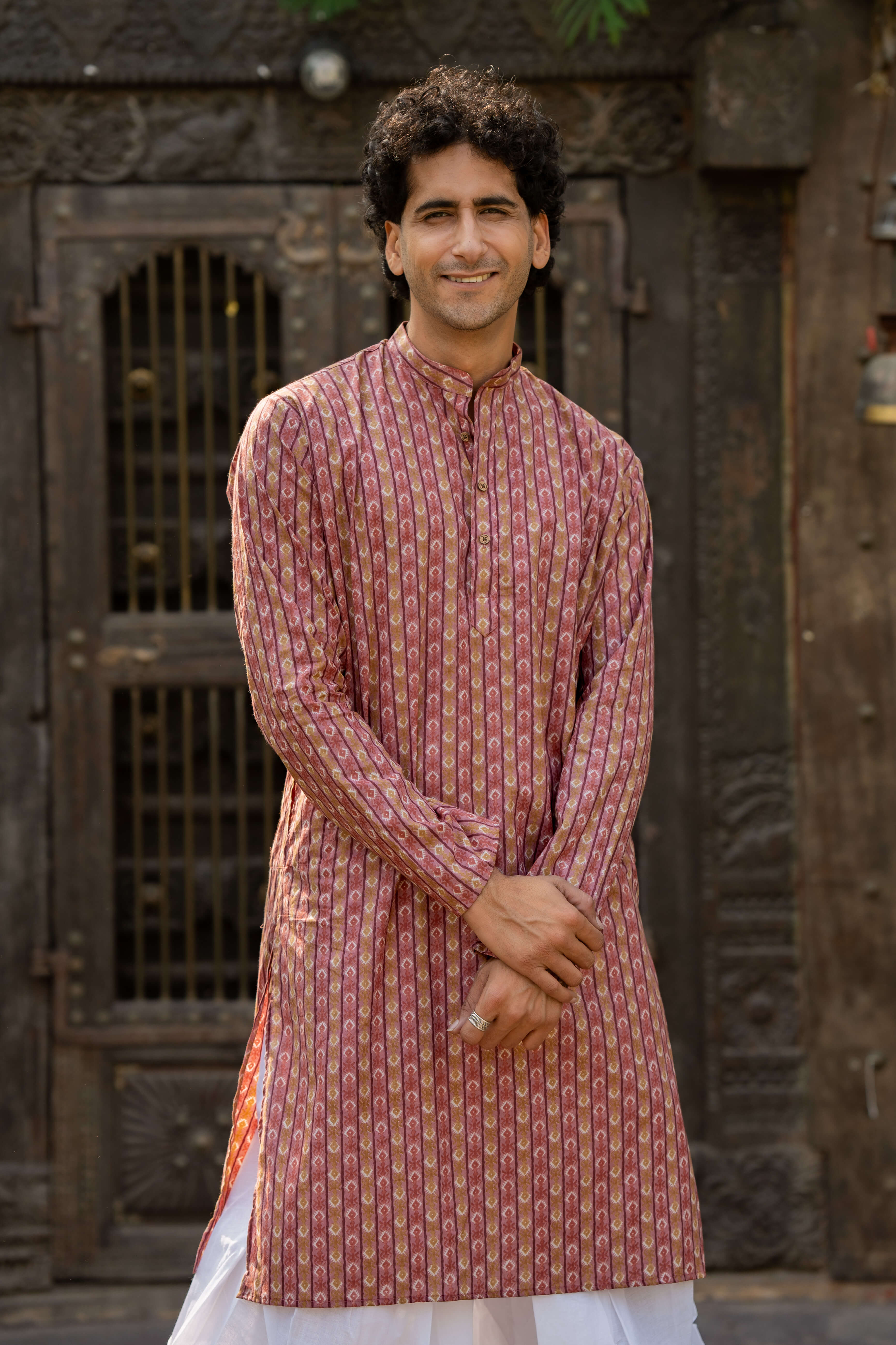 The Orchid Pink Long Kurta With Stripe and Tribal Print