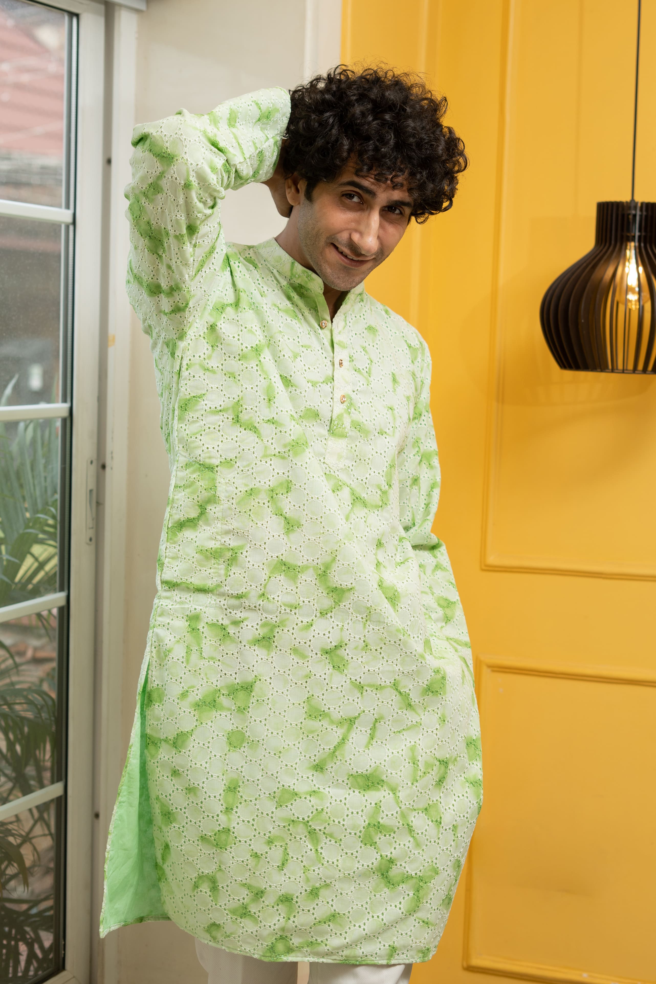 Green Chikankari Long Kurta For Men