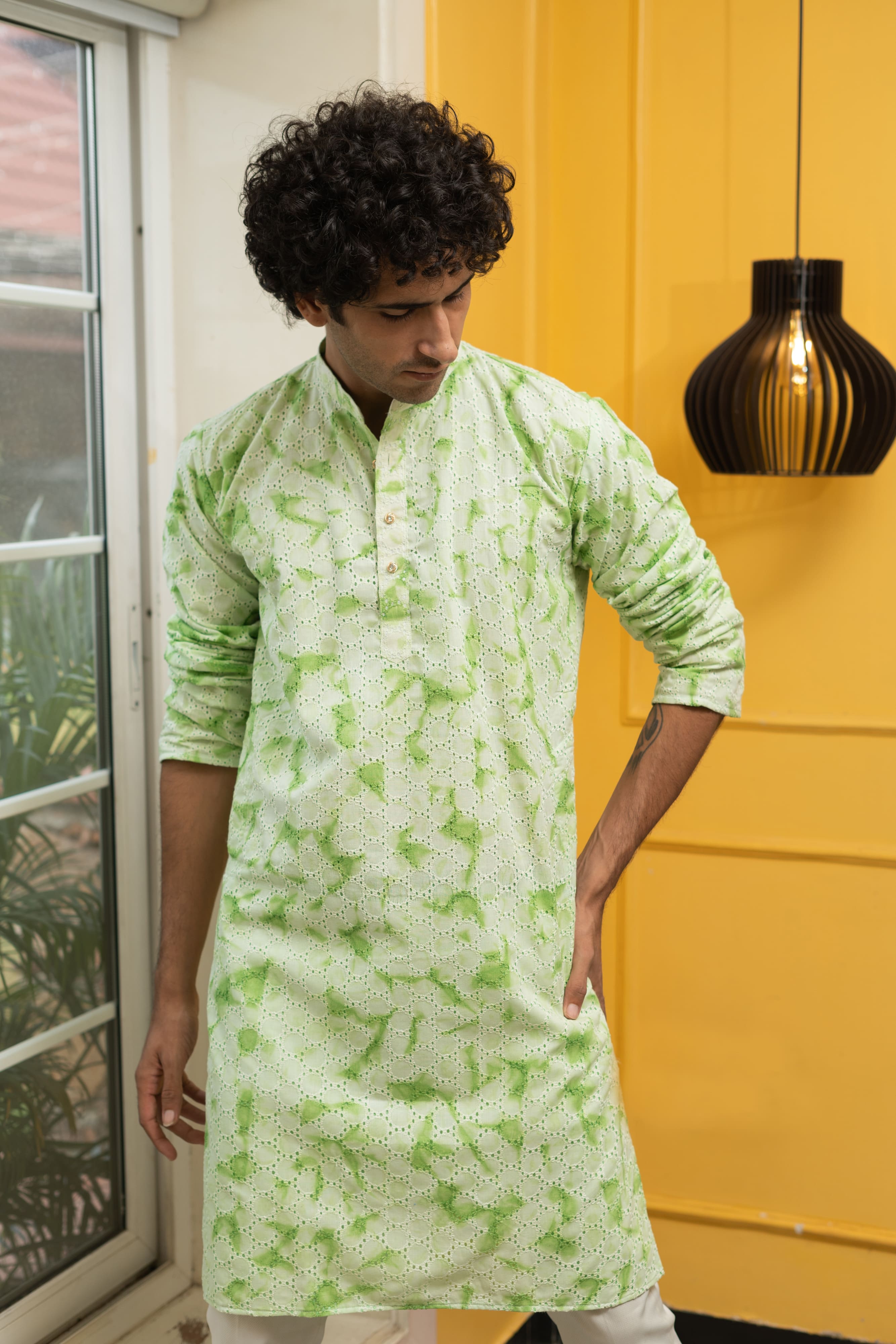 Green Chikankari Long Kurta For Men