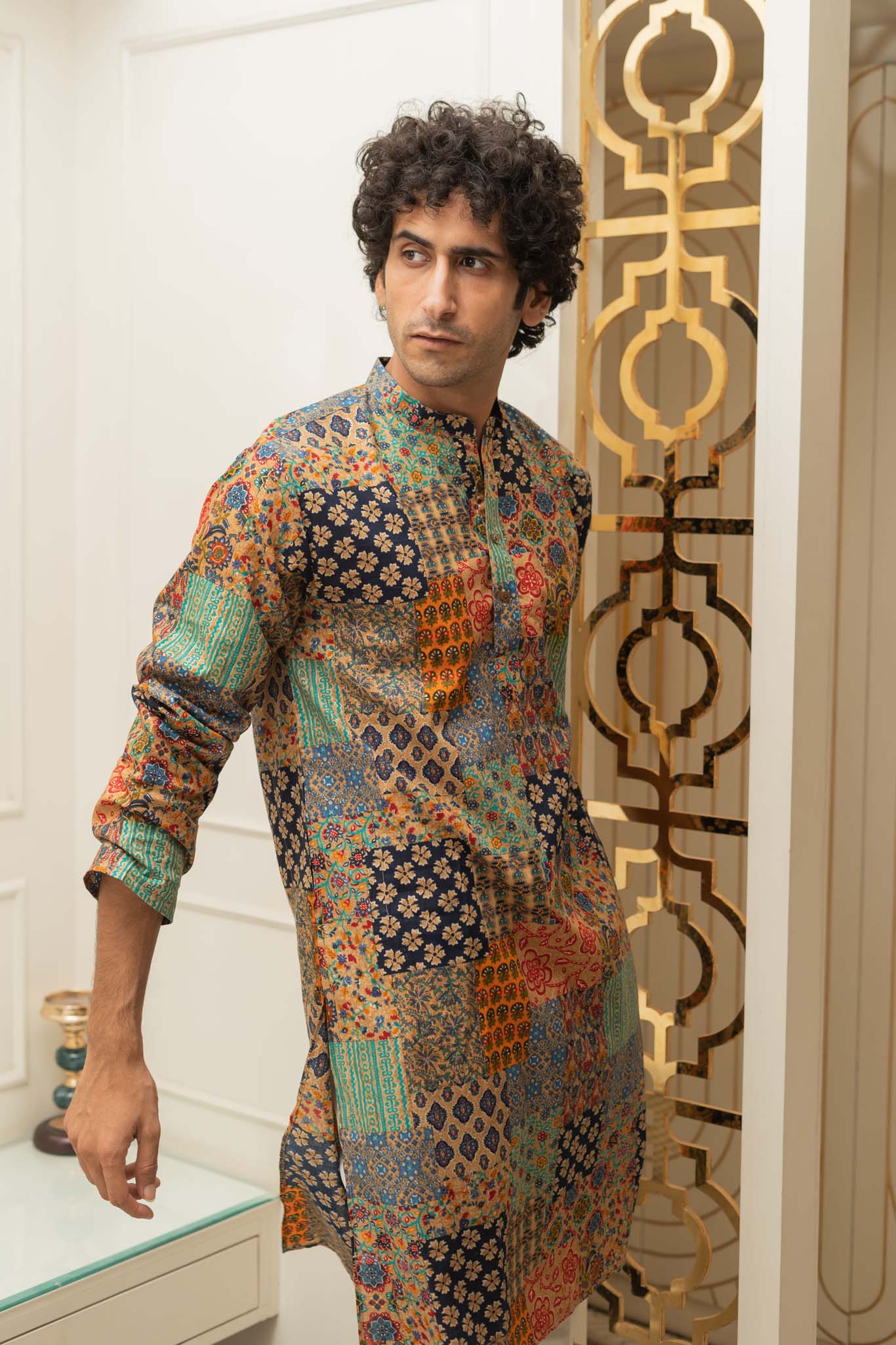The Patchwork Multicolour Foil Print Long Kurta