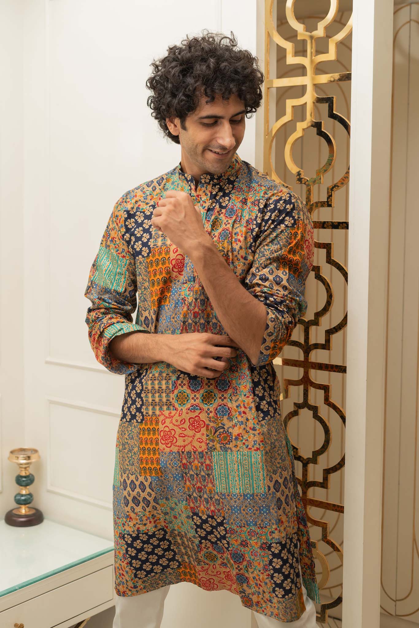 The Patchwork Multicolour Foil Print Long Kurta