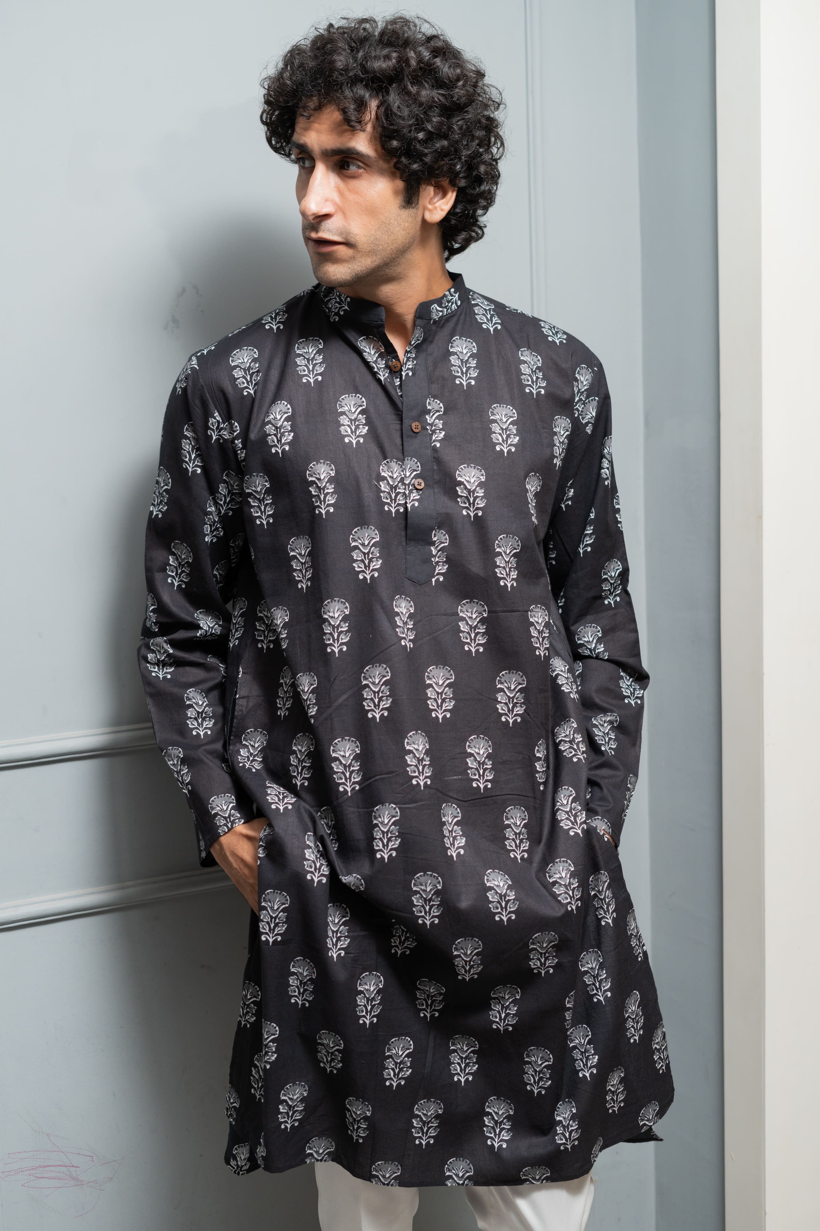 The Black Long Kurta With White Flower Print