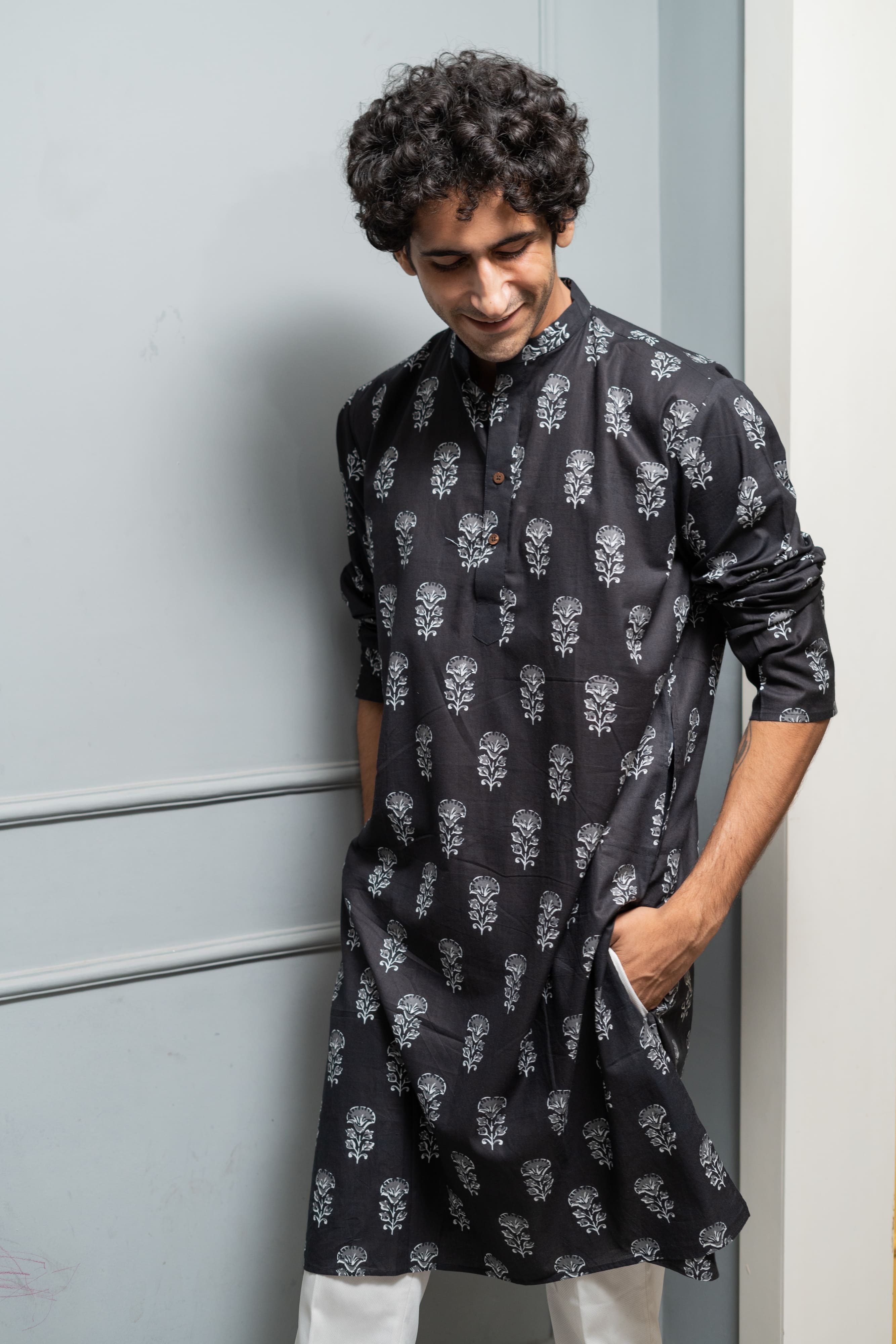 The Black Long Kurta With White Flower Print