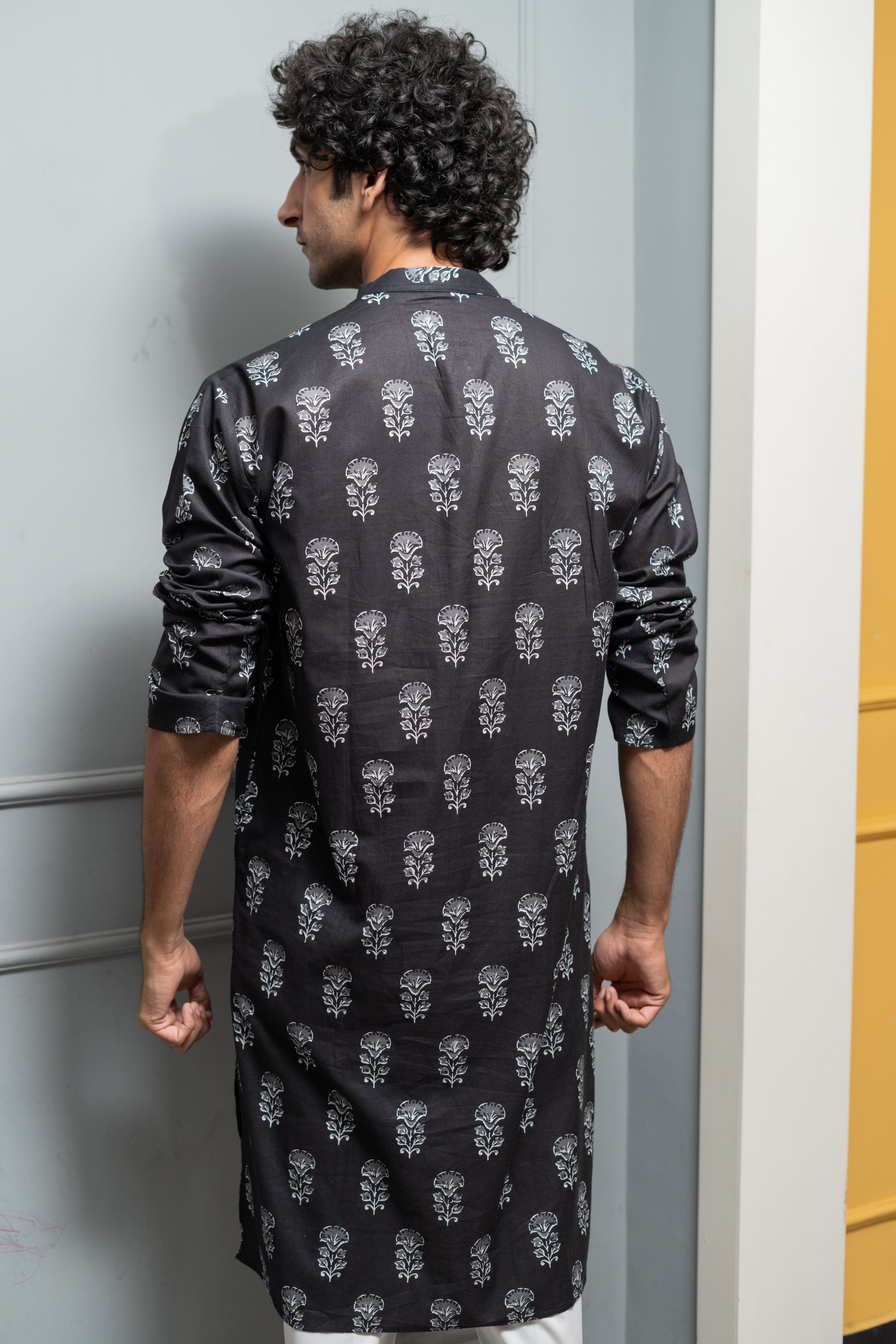 The Black Long Kurta With White Flower Print