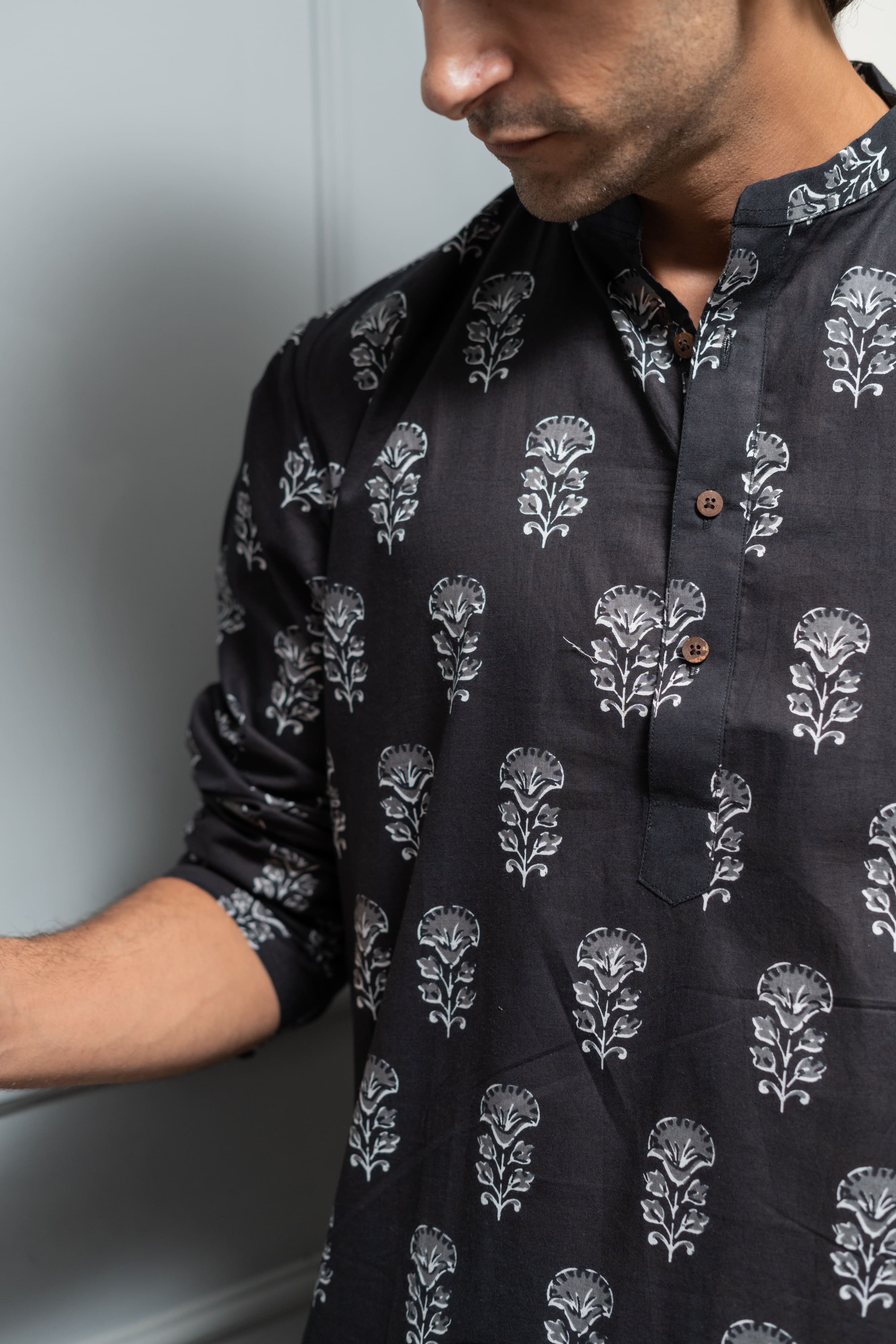 The Black Long Kurta With White Flower Print