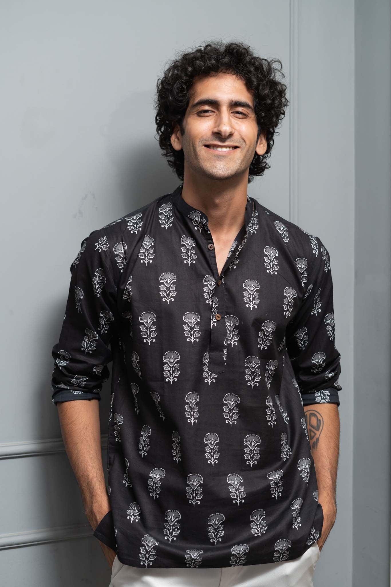 The Black Short Kurta With White Flower Print