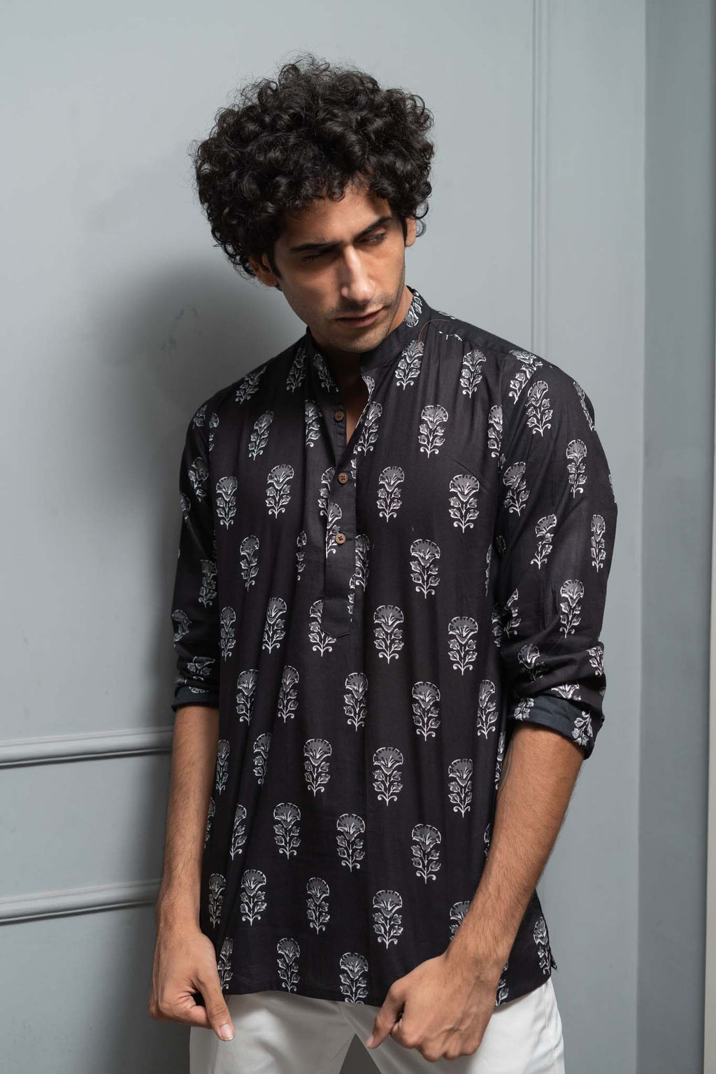 The Black Short Kurta With White Flower Print