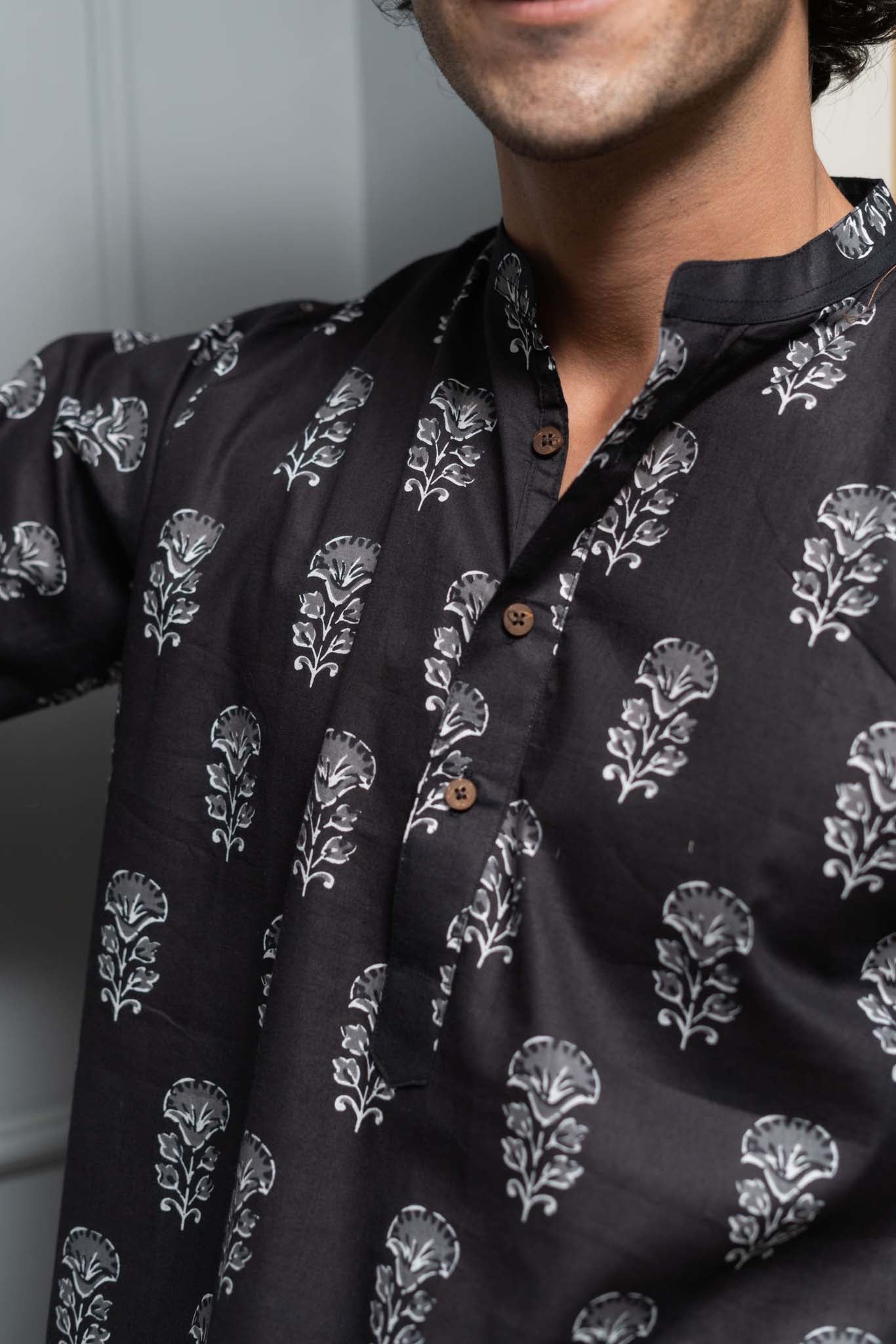 The Black Short Kurta With White Flower Print