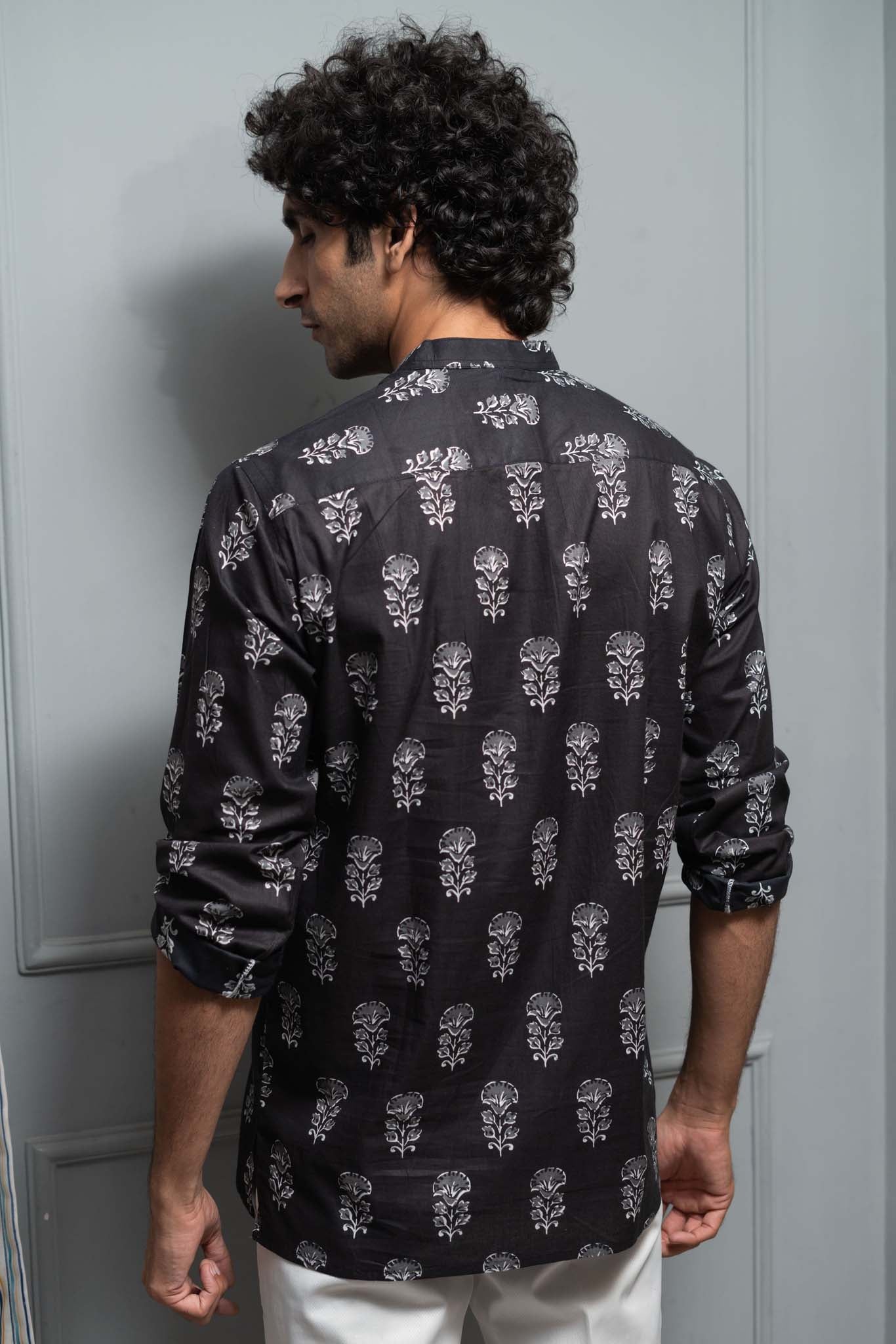 The Black Short Kurta With White Flower Print