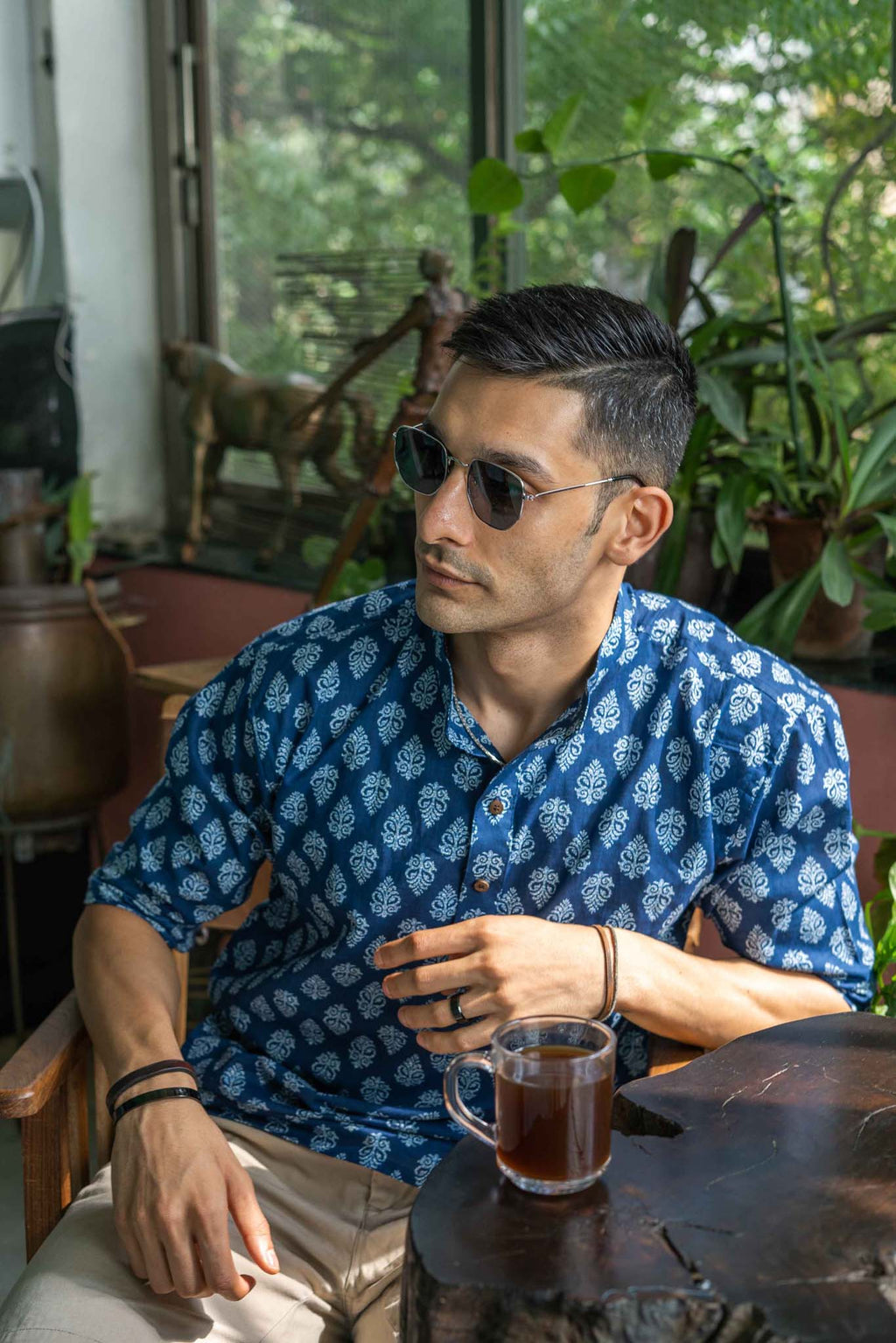 The Indigo Blue White Flower Print Short Kurta