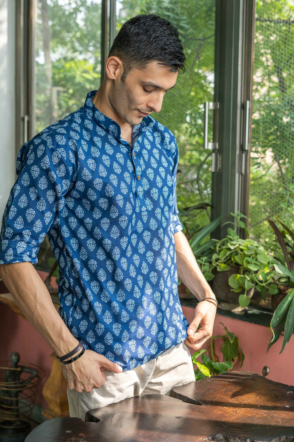 The Indigo Blue White Flower Print Short Kurta