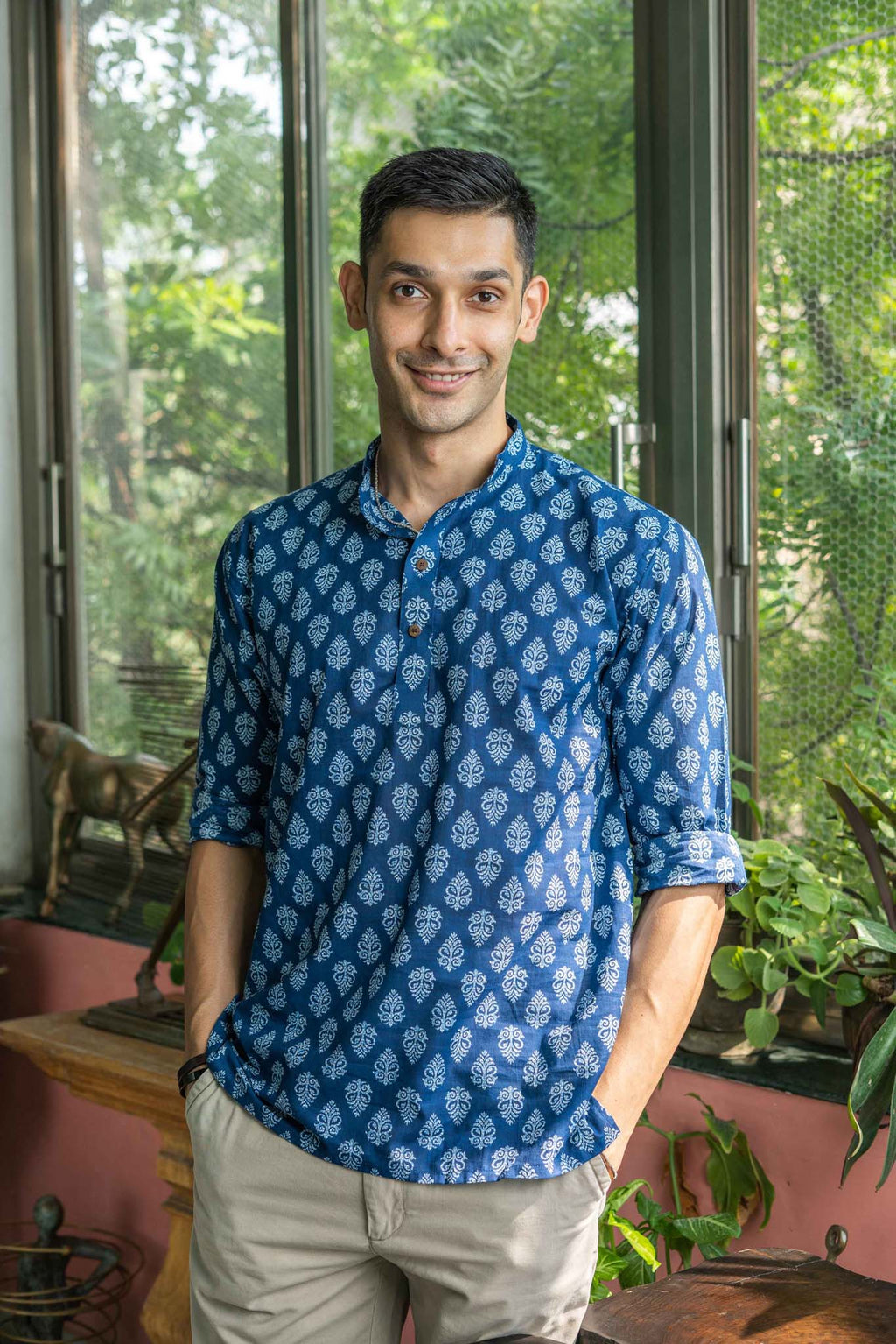 The Indigo Blue White Flower Print Short Kurta