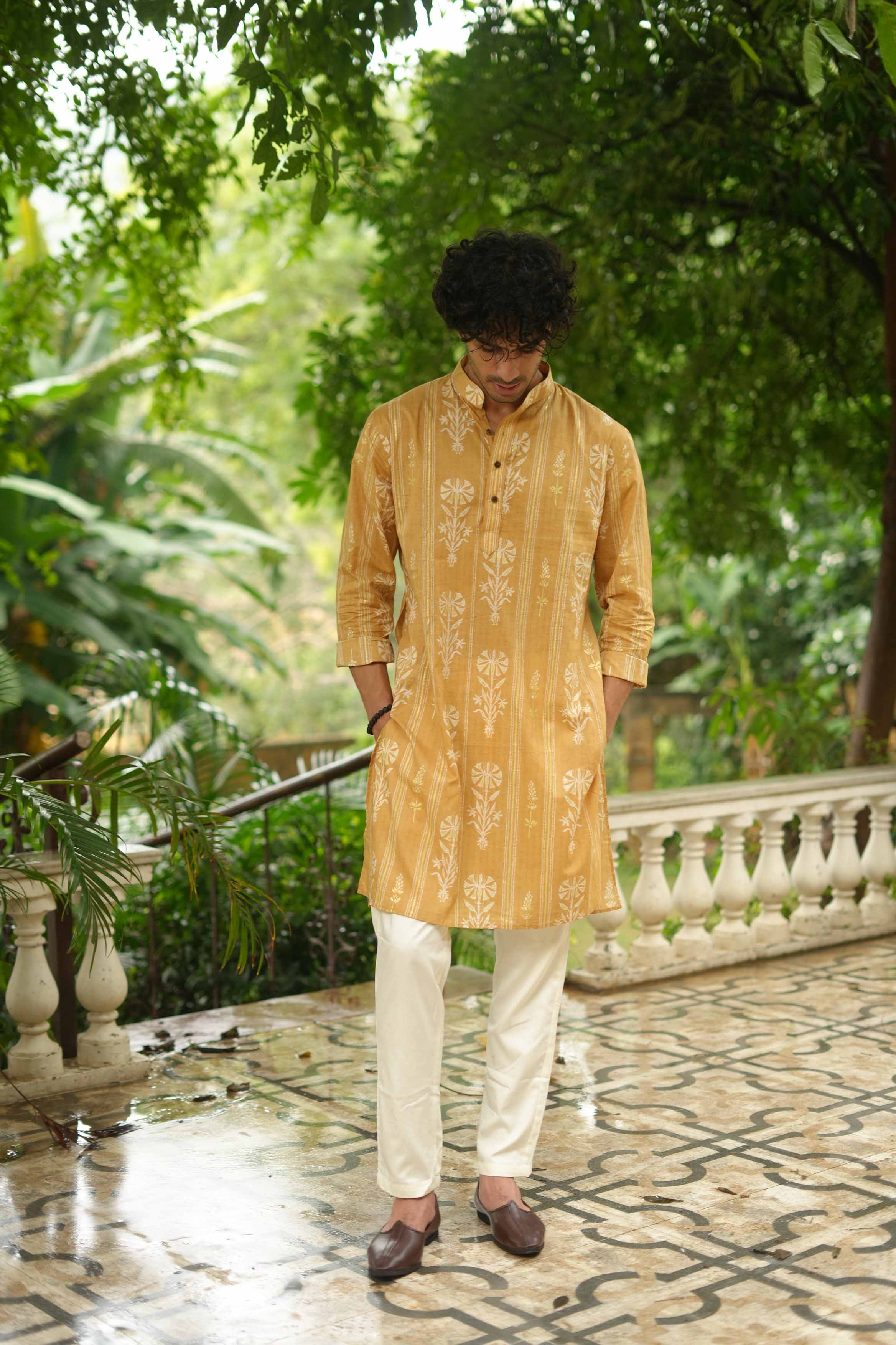 The Classic Mustard Golden Print Long Kurta