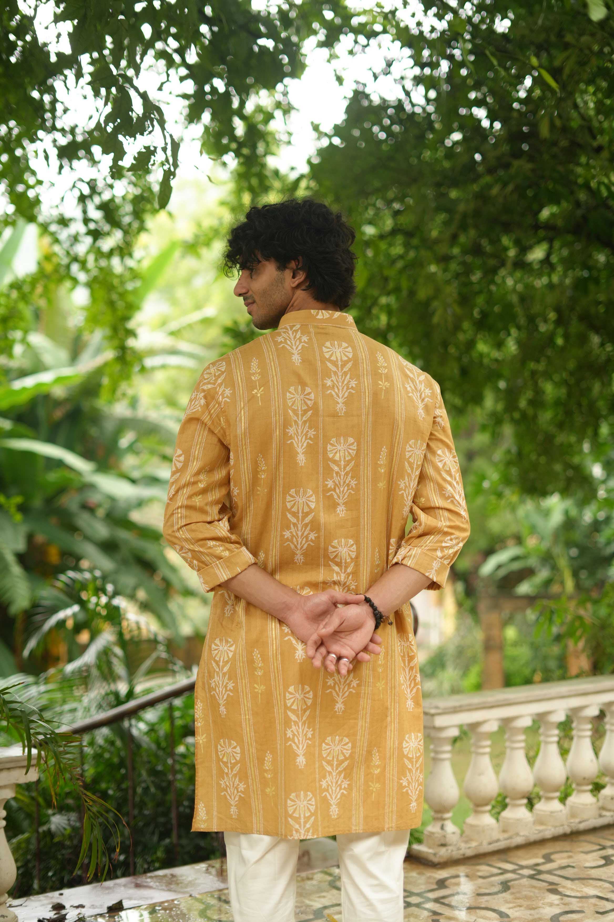 The Classic Mustard Golden Print Long Kurta