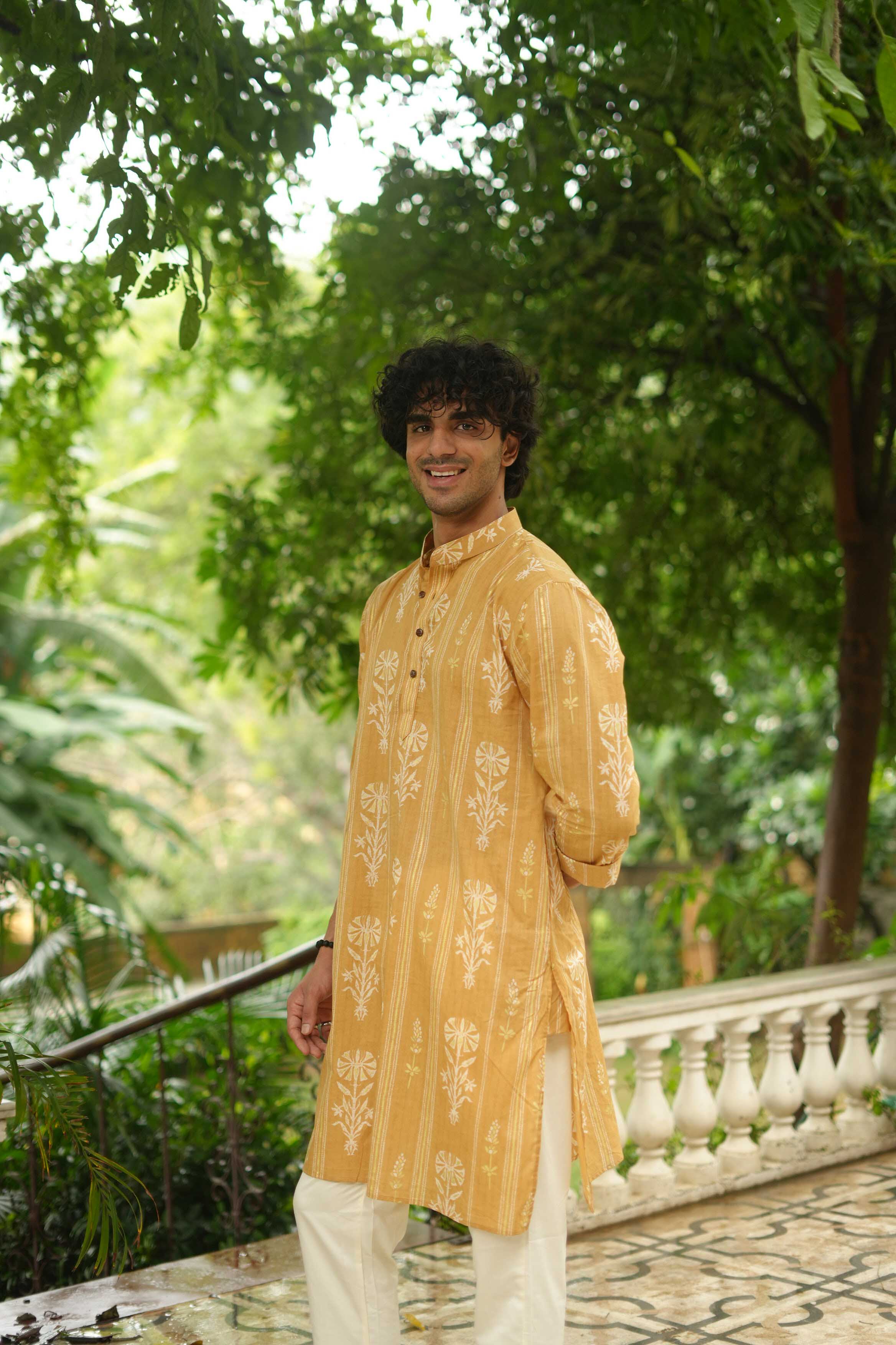 The Classic Mustard Golden Print Long Kurta