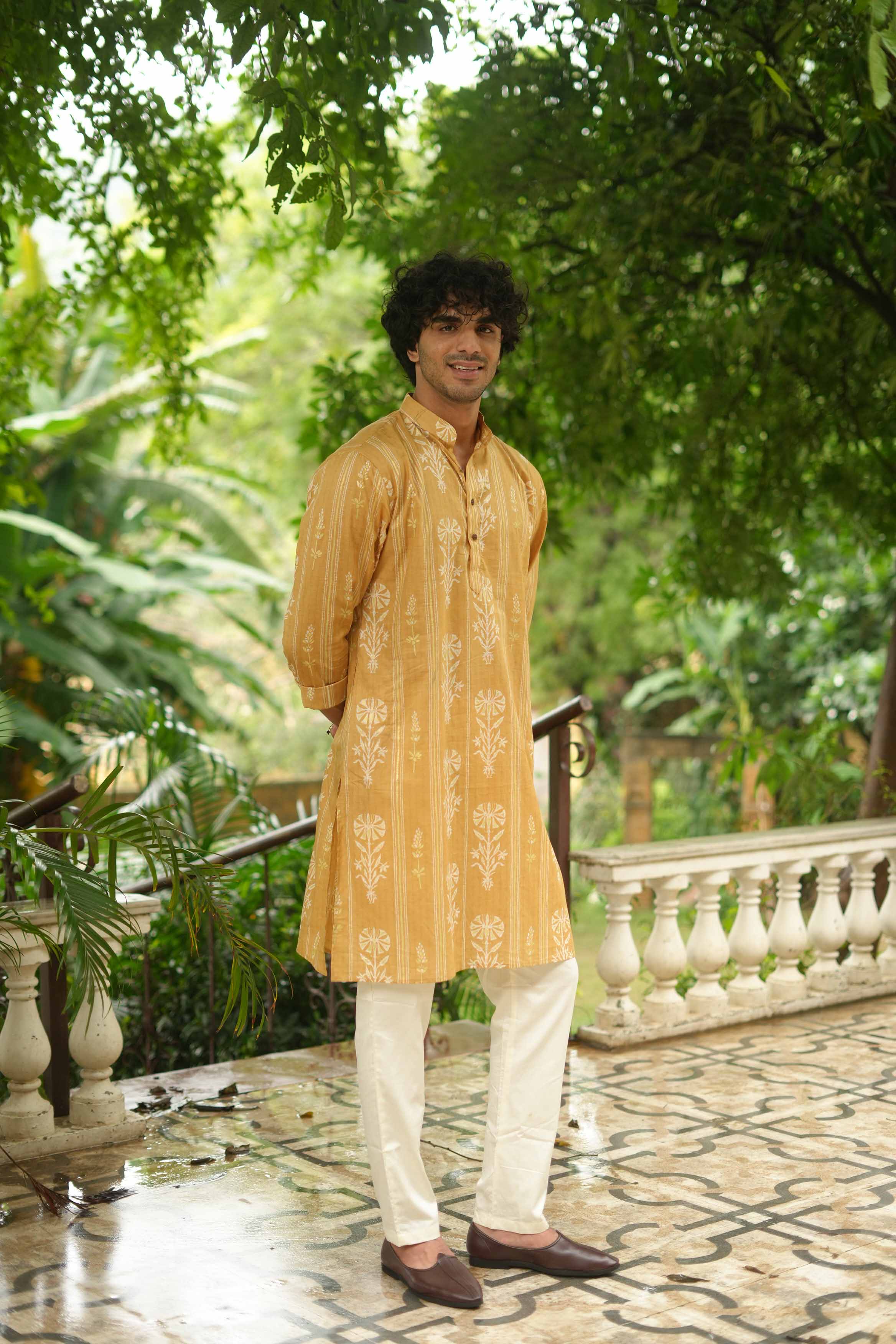 The Classic Mustard Golden Print Long Kurta