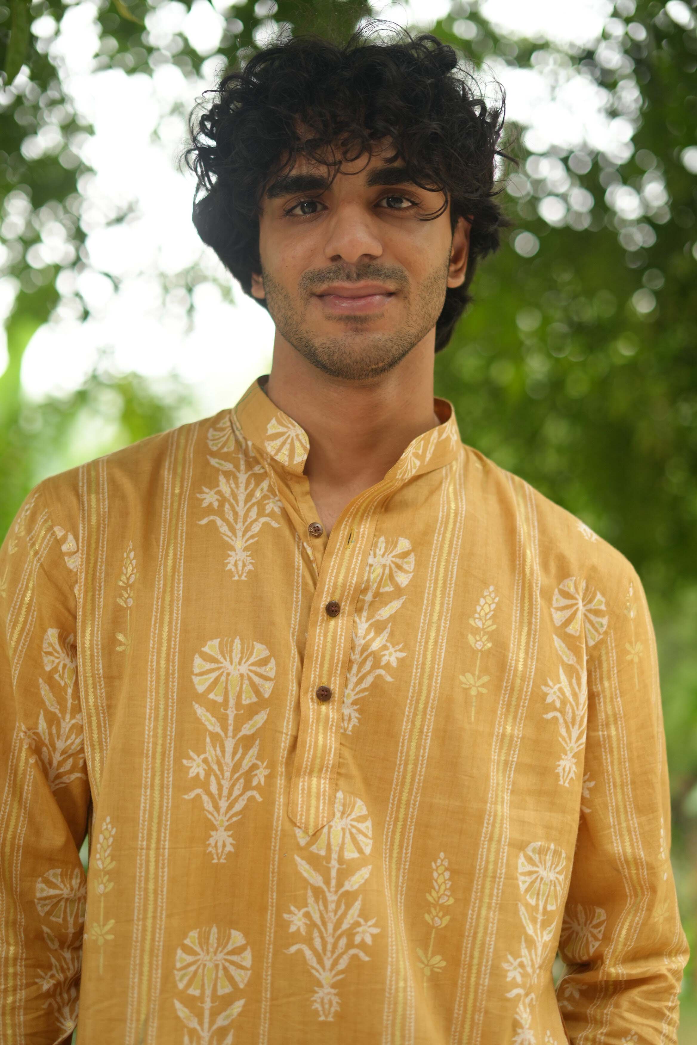 The Classic Mustard Golden Print Long Kurta