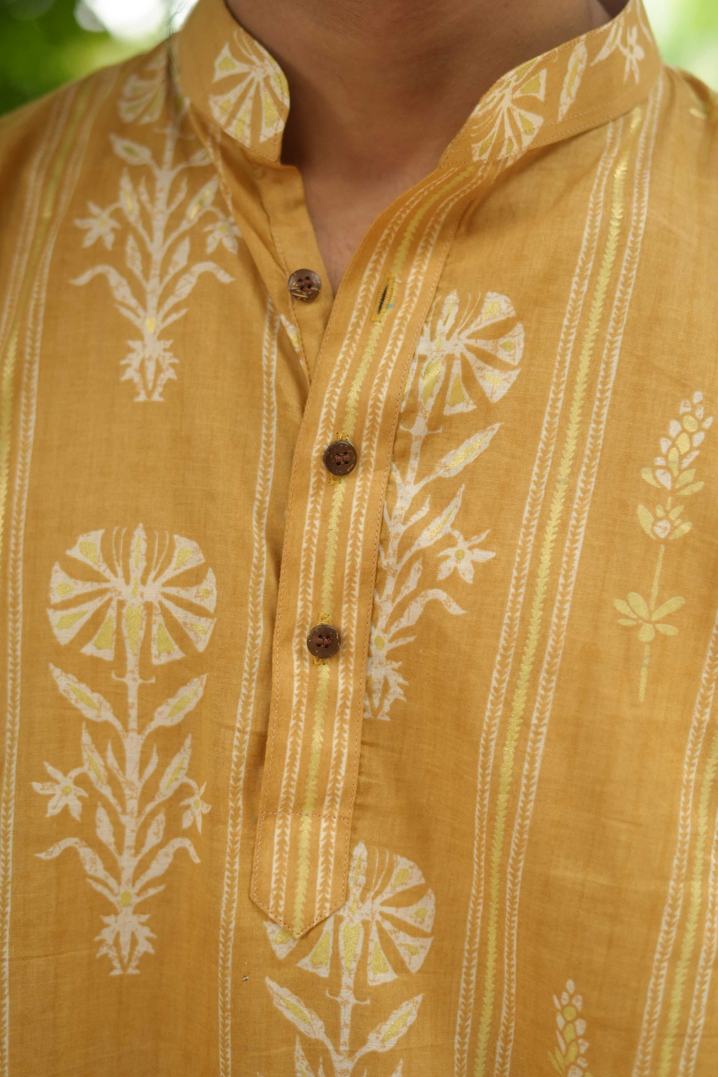 The Classic Mustard Golden Print Long Kurta
