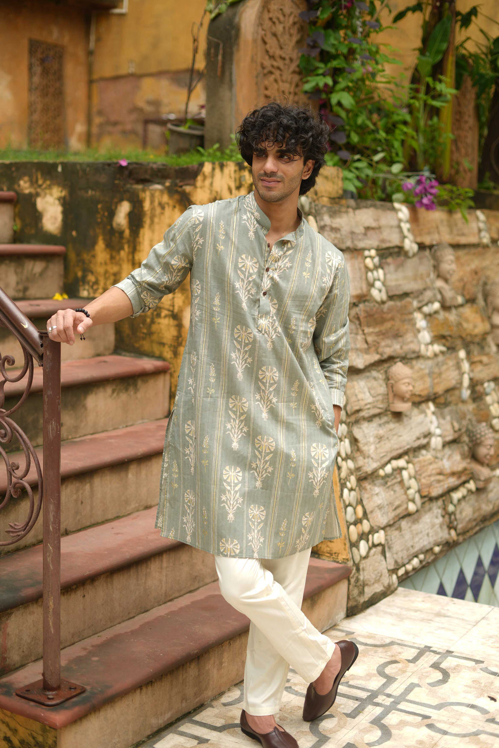 The Muted Grey Golden Print Long Kurta