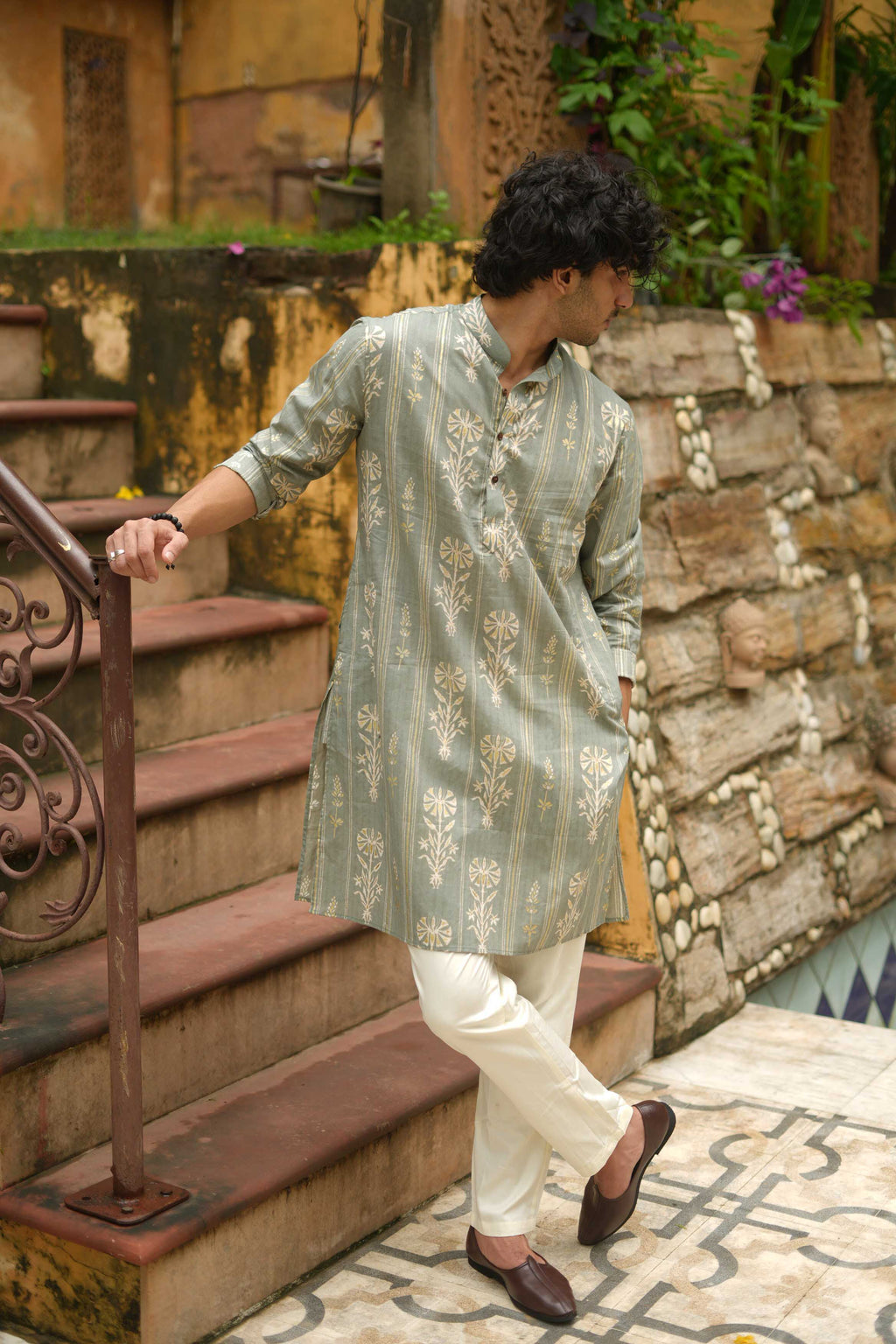 The Muted Grey Golden Print Long Kurta