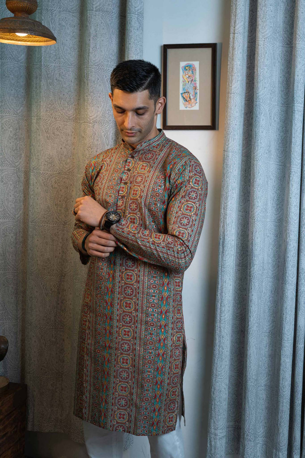 The Muslin Multicolor Foil Print Long Kurta