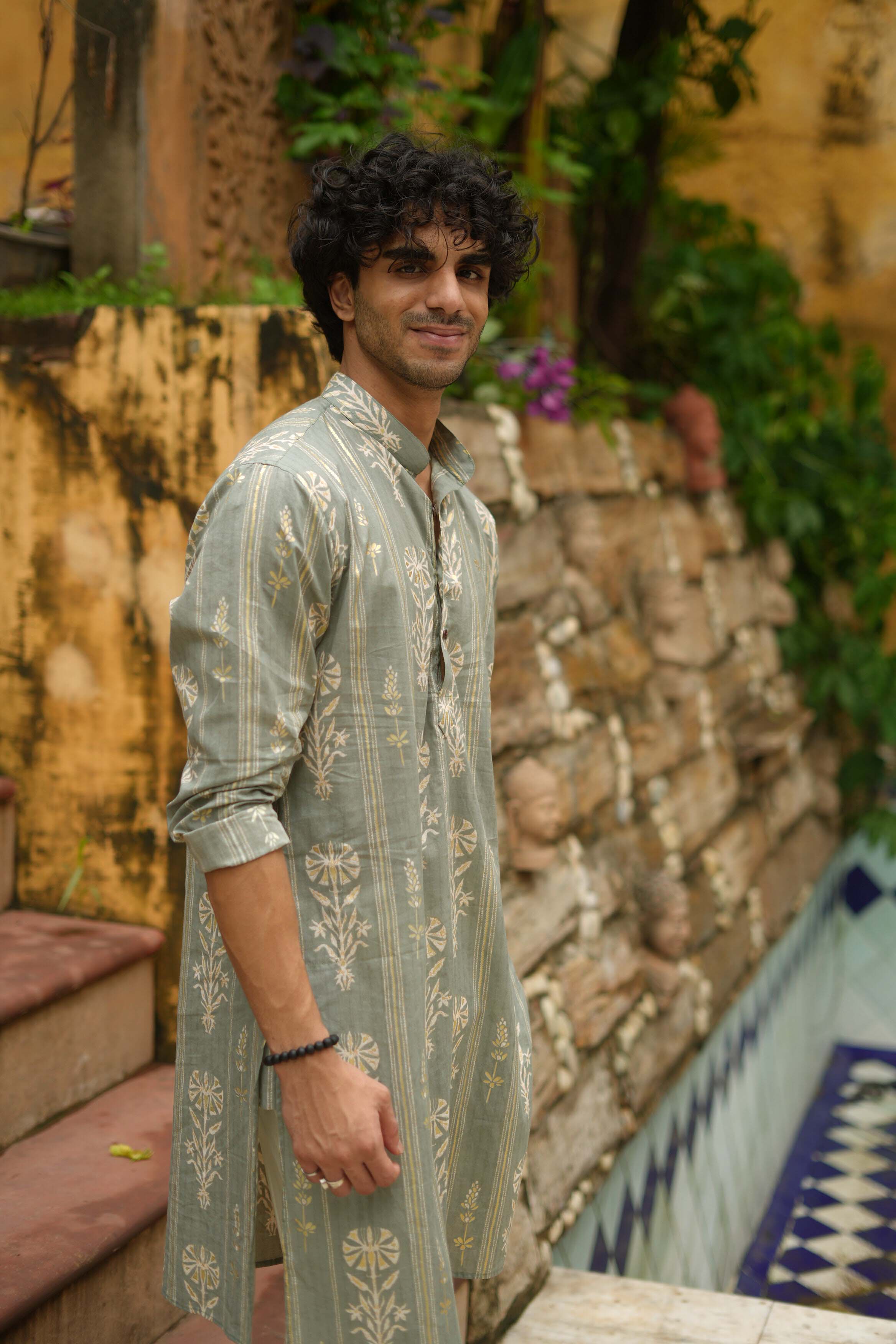 The Muted Grey Golden Print Long Kurta