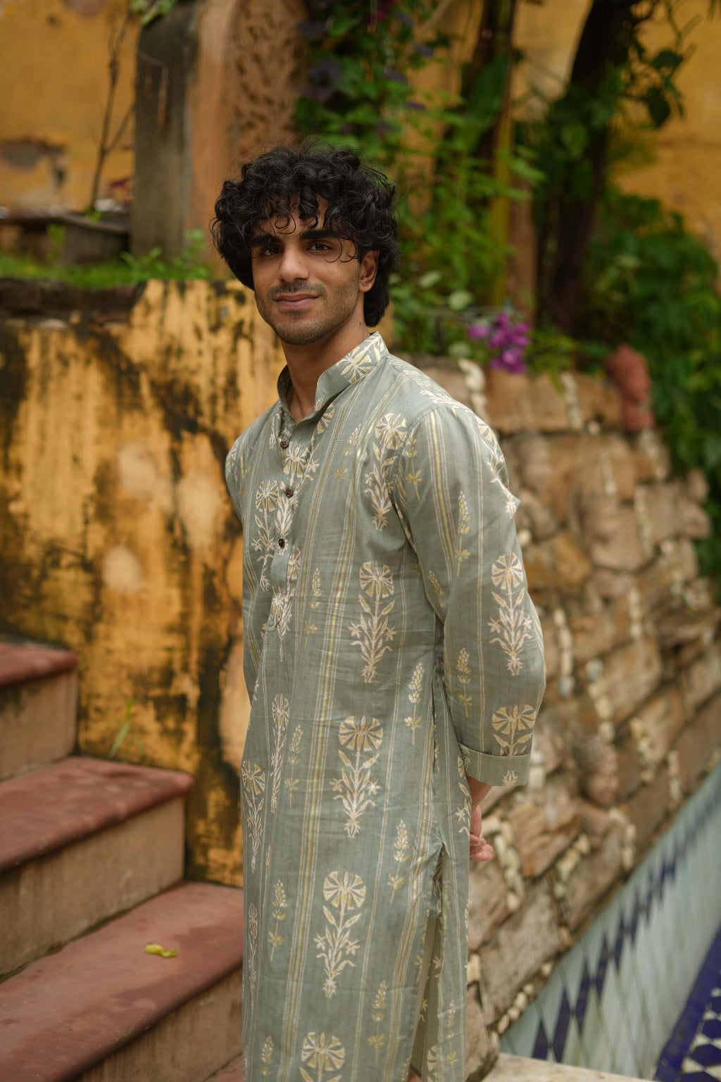 The Muted Grey Golden Print Long Kurta