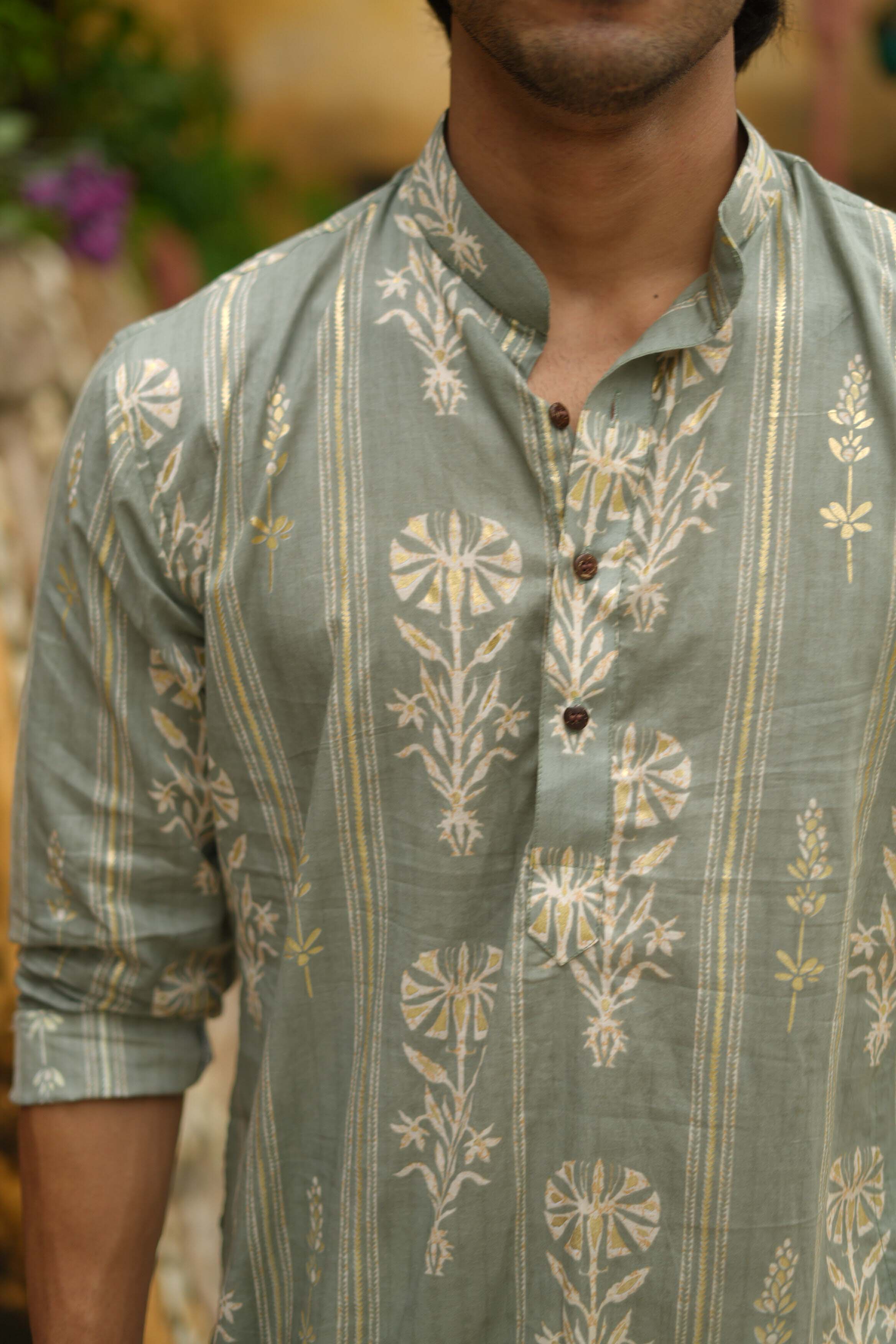 The Muted Grey Golden Print Long Kurta