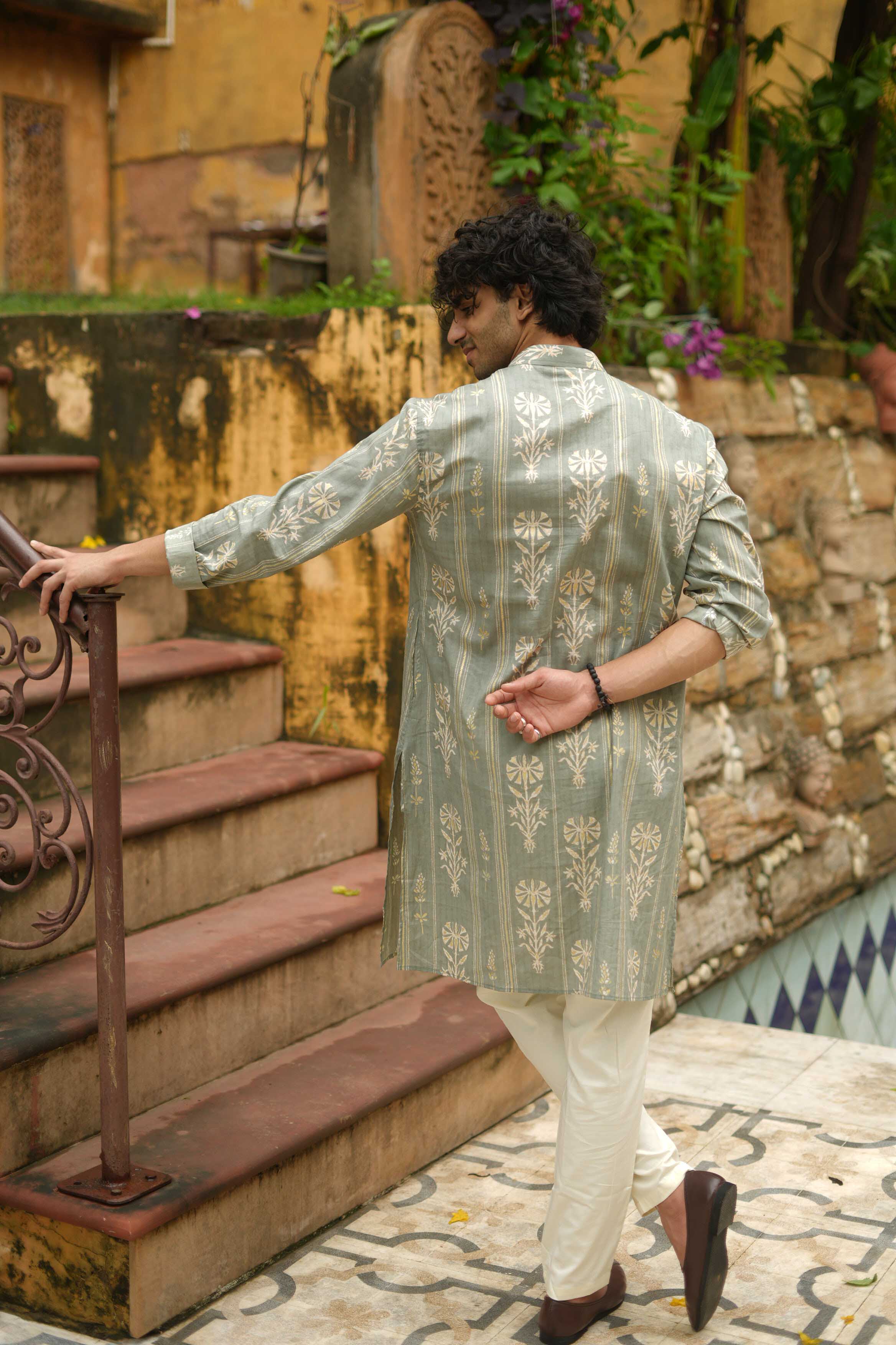 The Muted Grey Golden Print Long Kurta