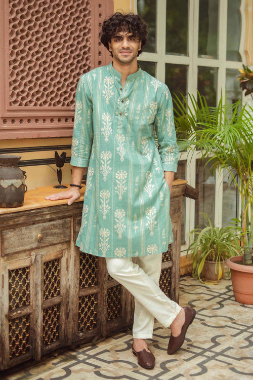 Golden Leaf Striped Teal Long Kurta