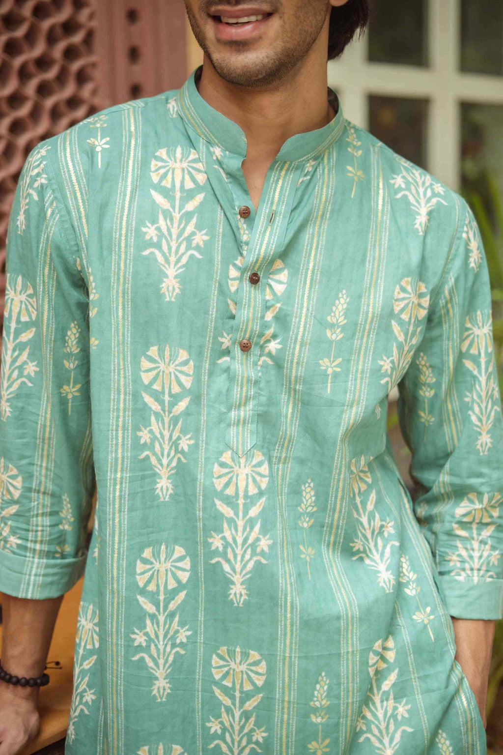 Golden Leaf Striped Teal Long Kurta