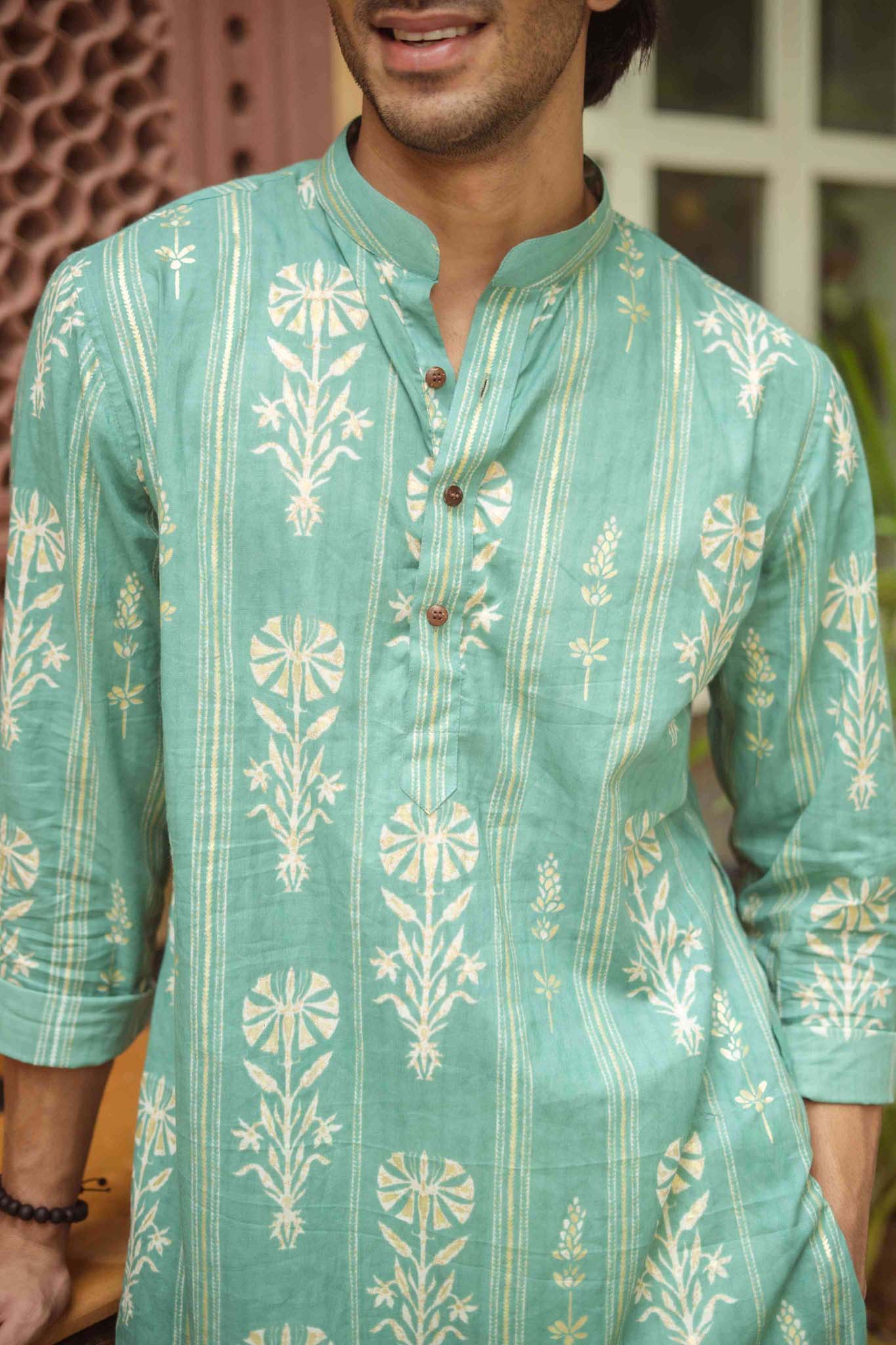 Golden Leaf Striped Teal Long Kurta