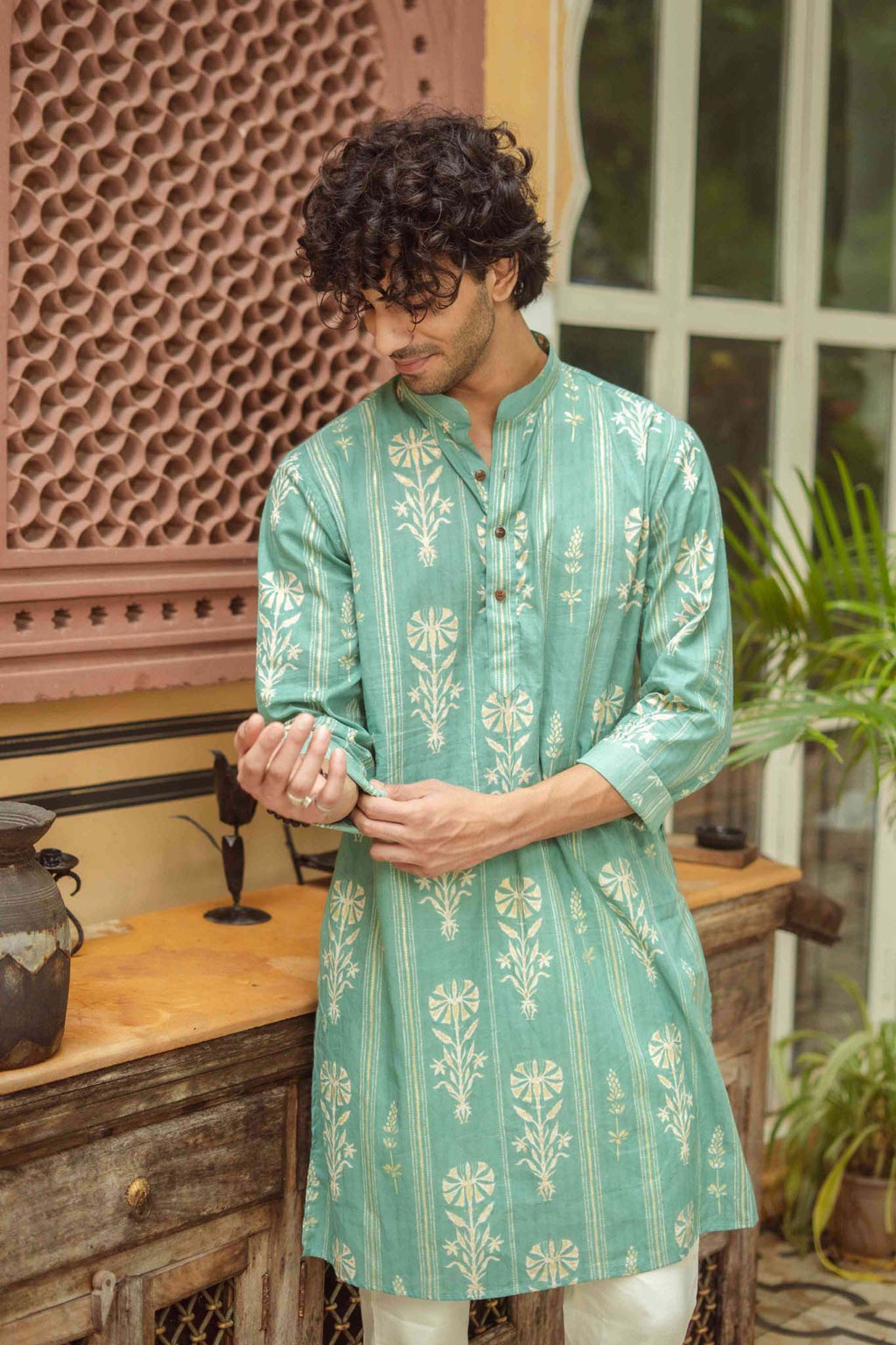 Golden Leaf Striped Teal Long Kurta