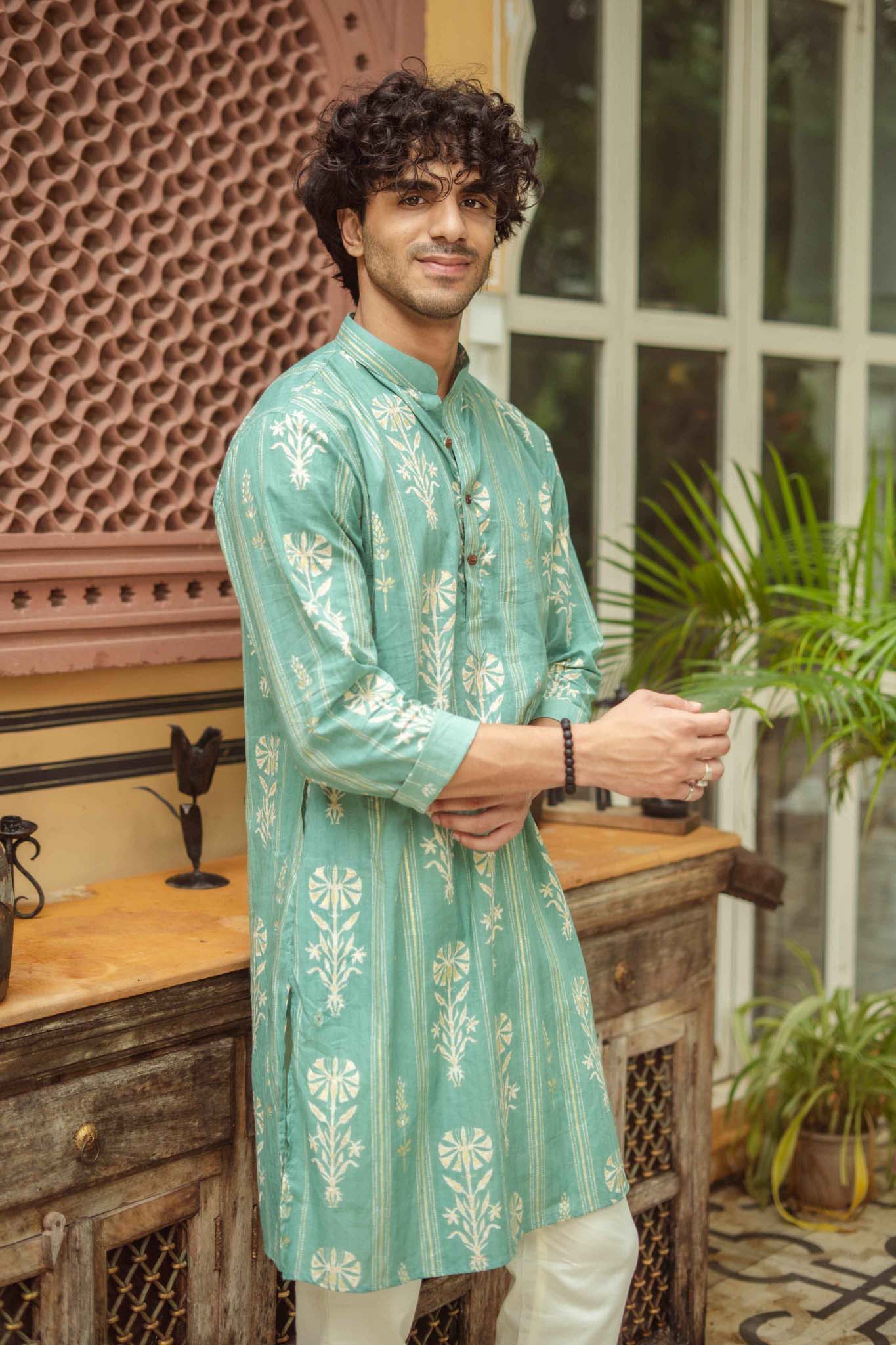 Golden Leaf Striped Teal Long Kurta