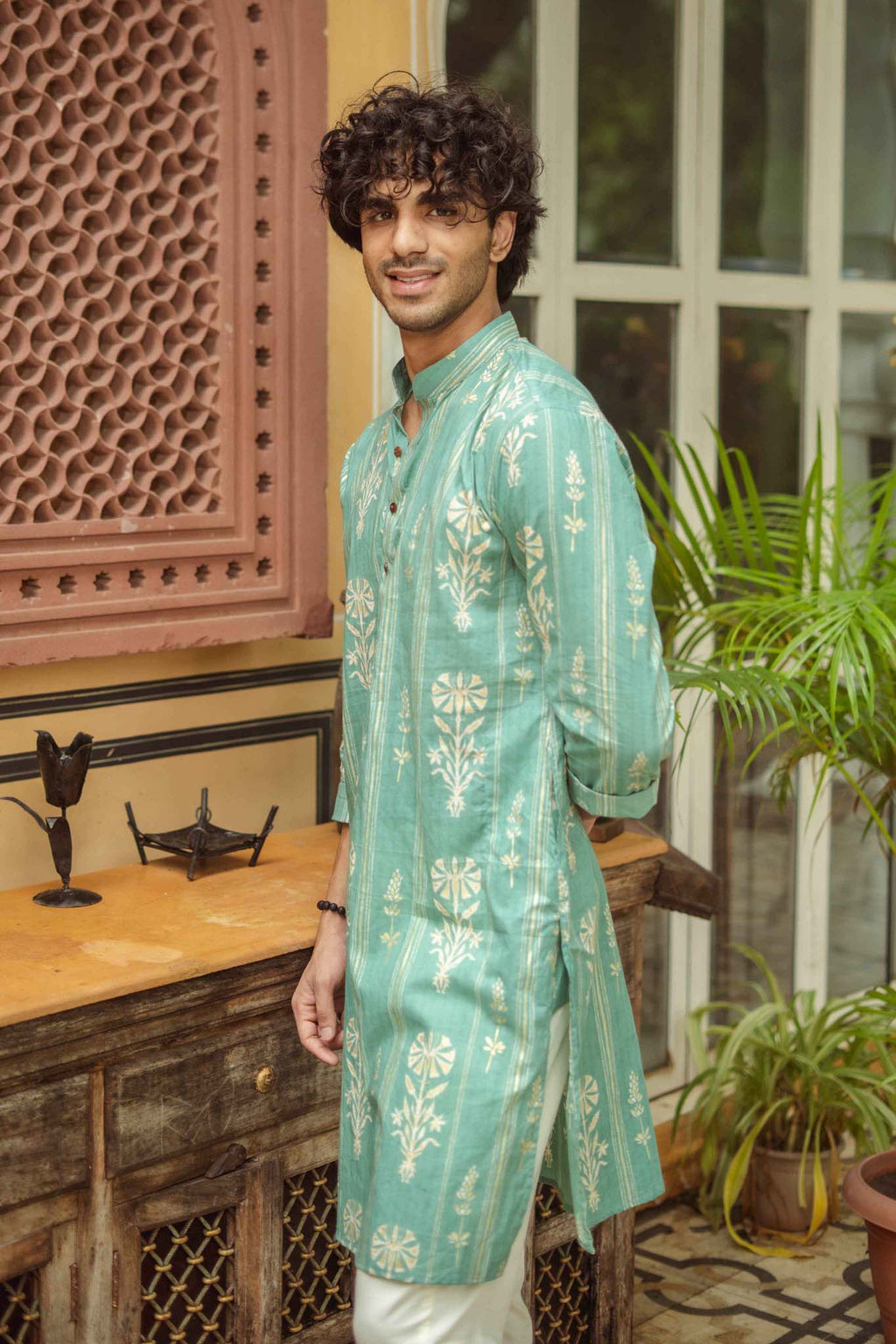 Golden Leaf Striped Teal Long Kurta