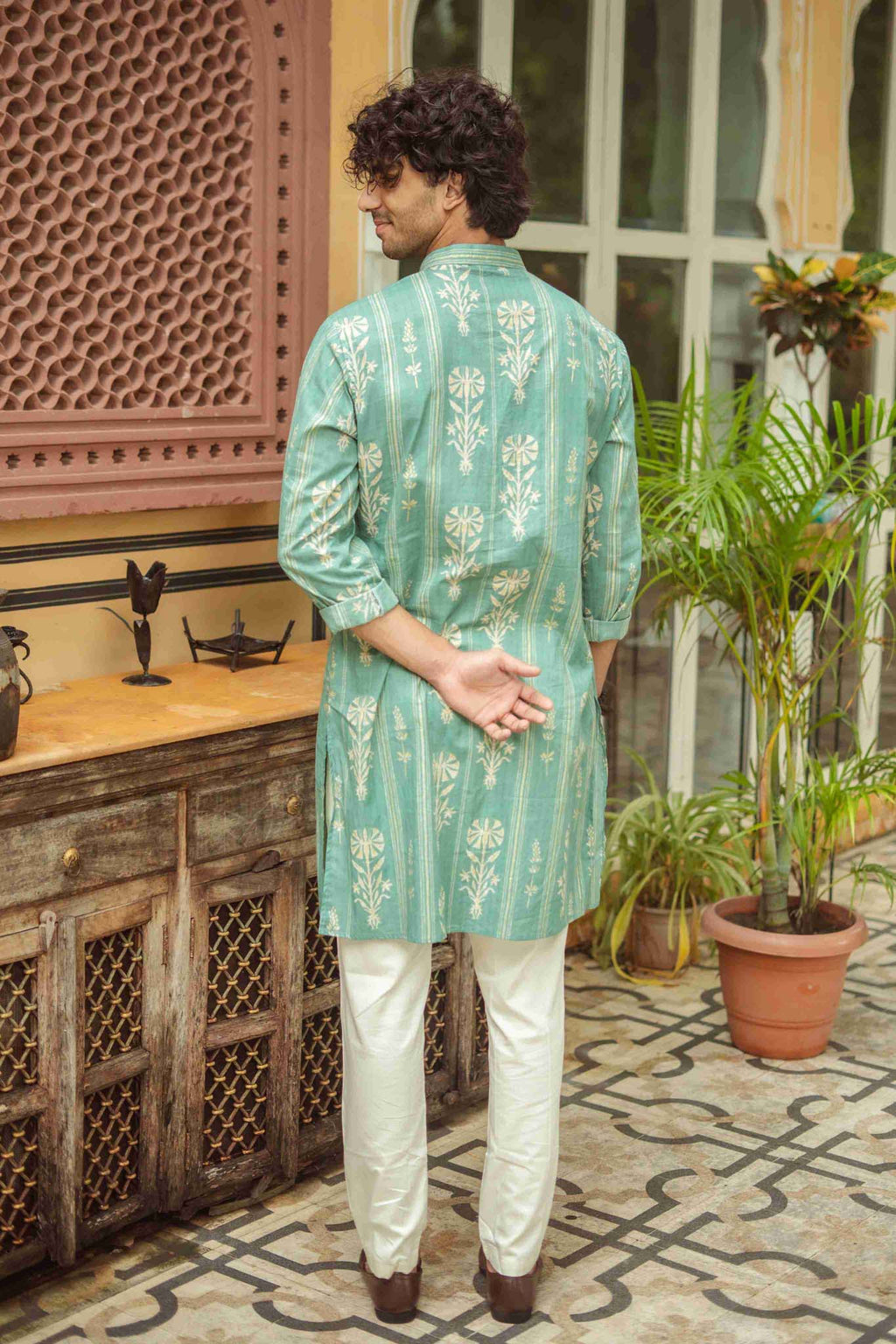 Golden Leaf Striped Teal Long Kurta