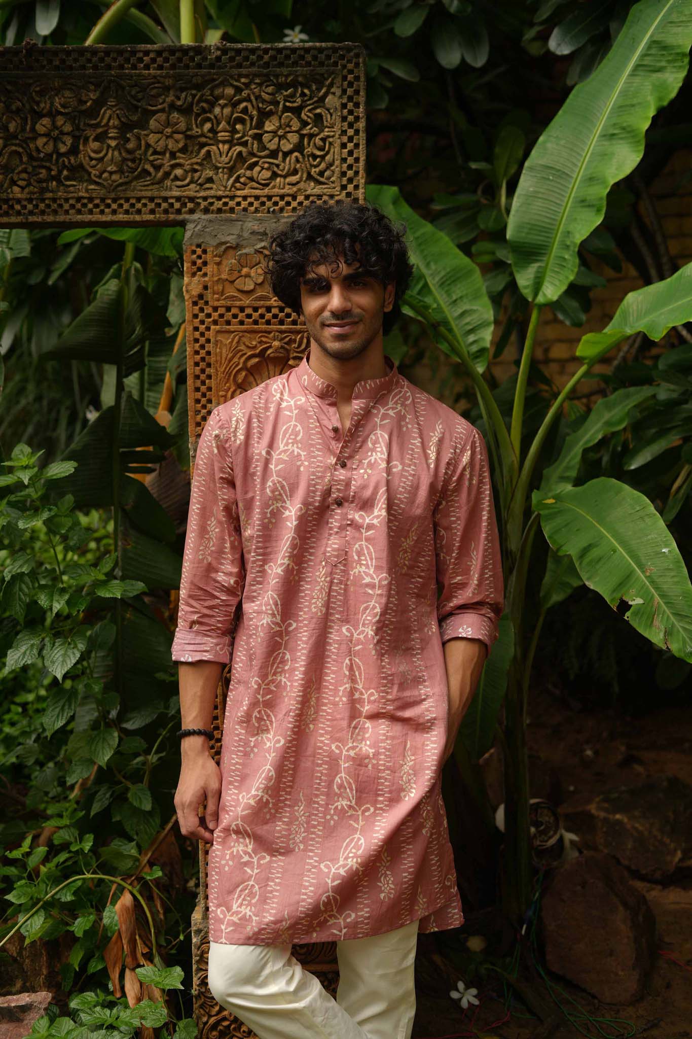 The Peach Foil Floral Stripe Long Kurta
