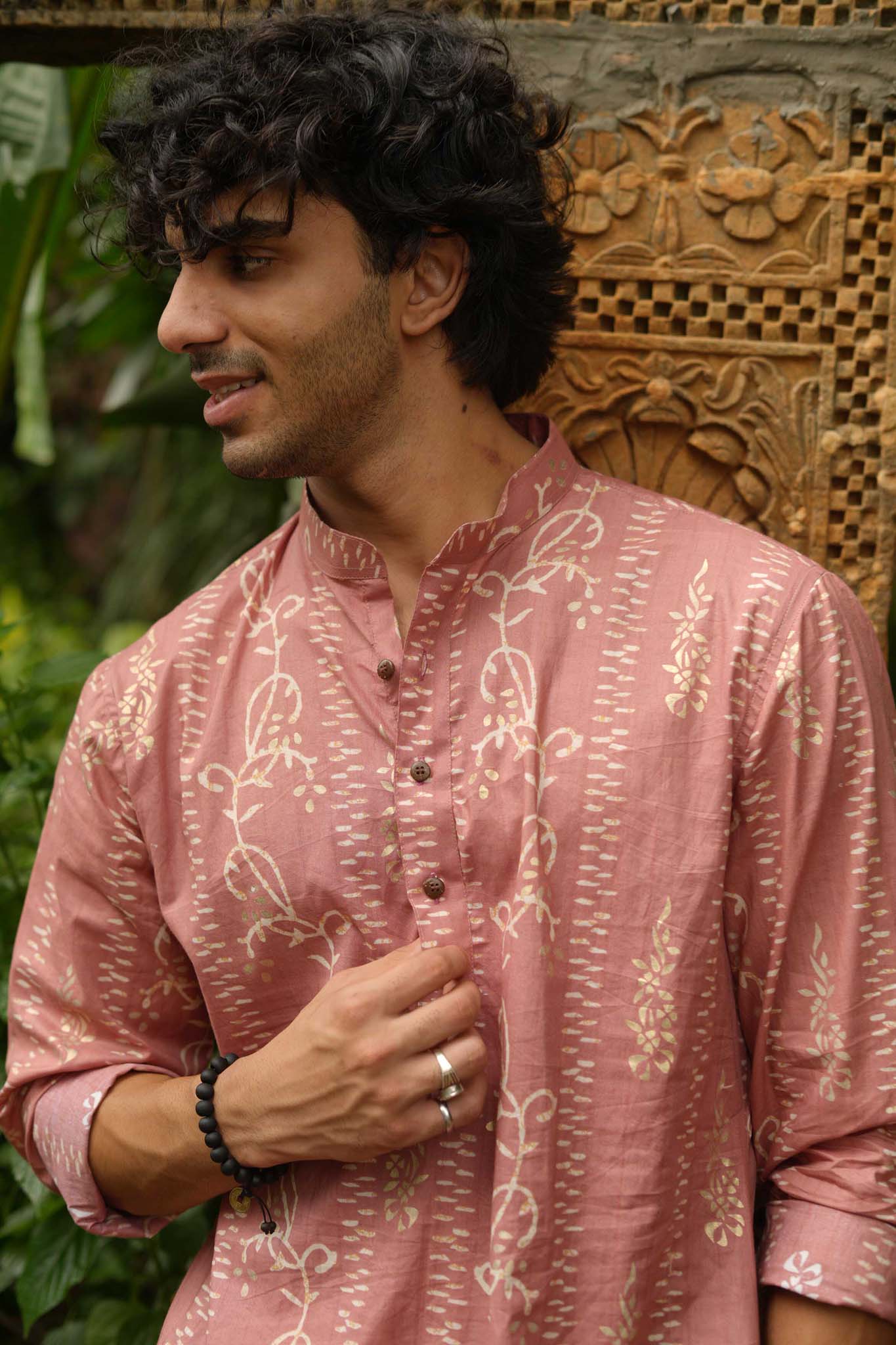 The Peach Foil Floral Stripe Long Kurta