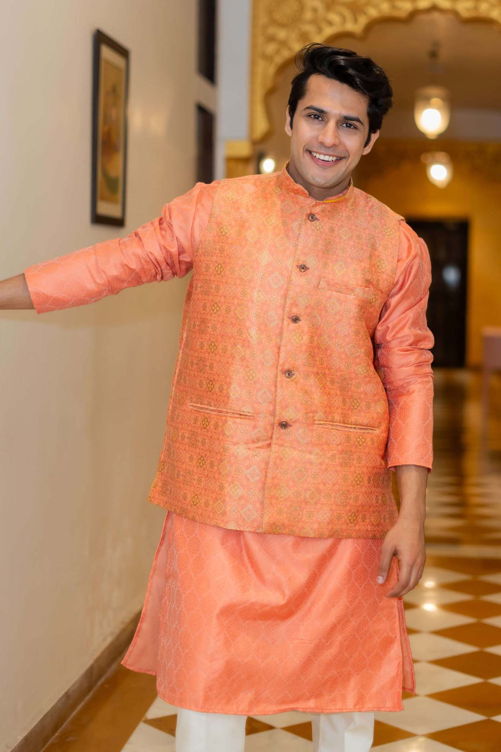 The Orange Long Kurta with Spanish Orange Banarasi Print Nehru Jacket