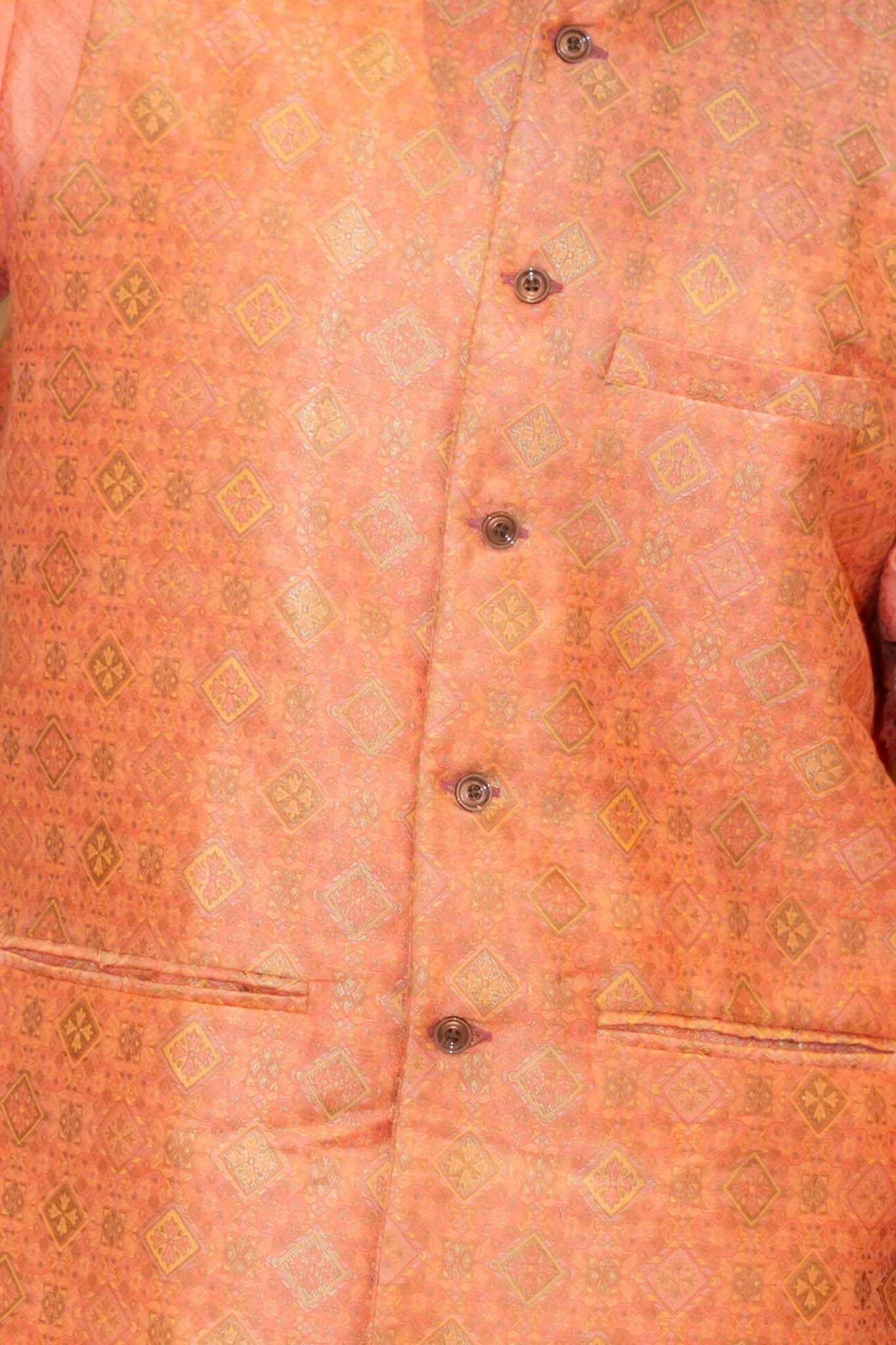 The Orange Long Kurta with Spanish Orange Banarasi Print Nehru Jacket