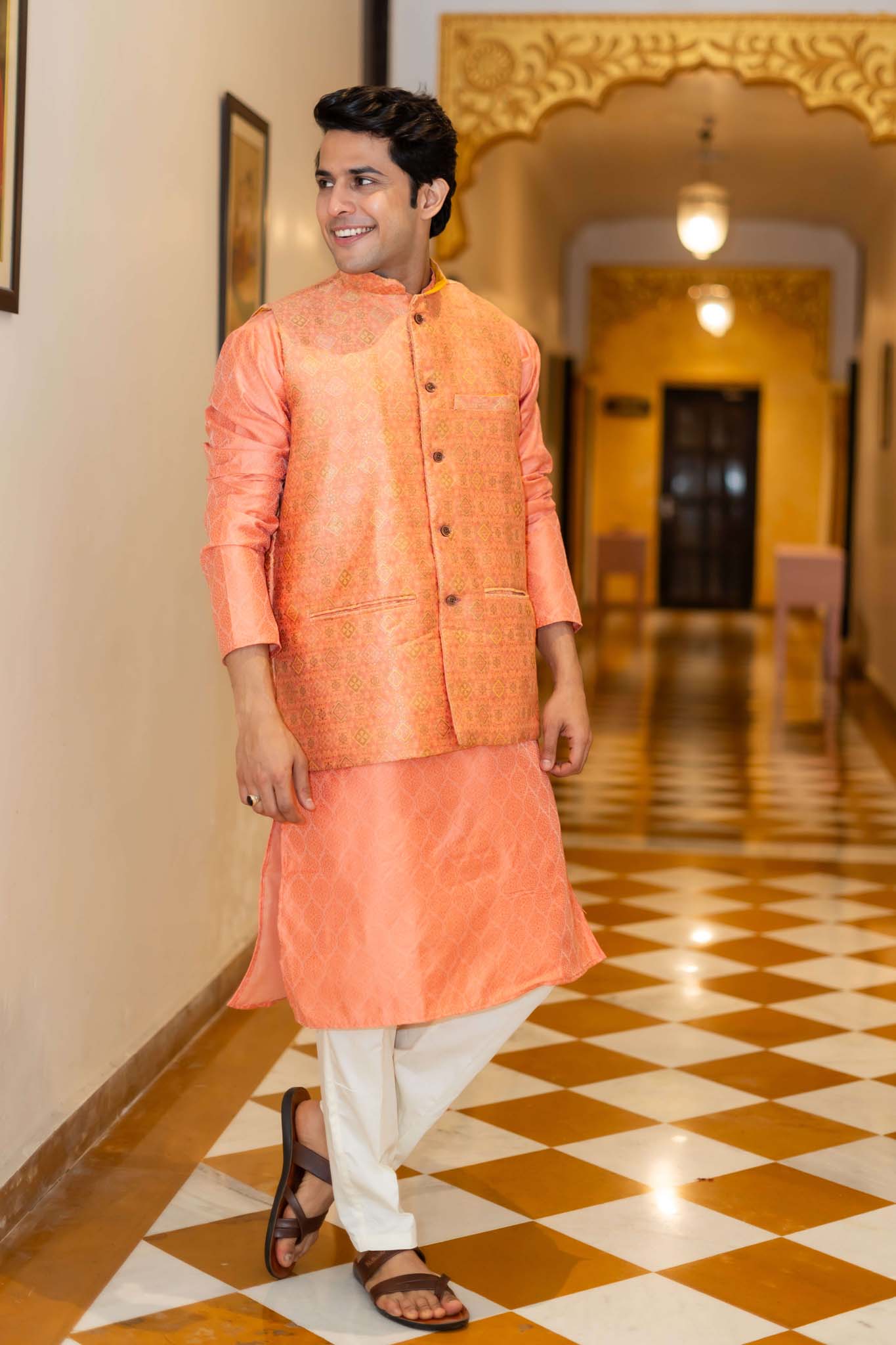 The Orange Long Kurta with Spanish Orange Banarasi Print Nehru Jacket
