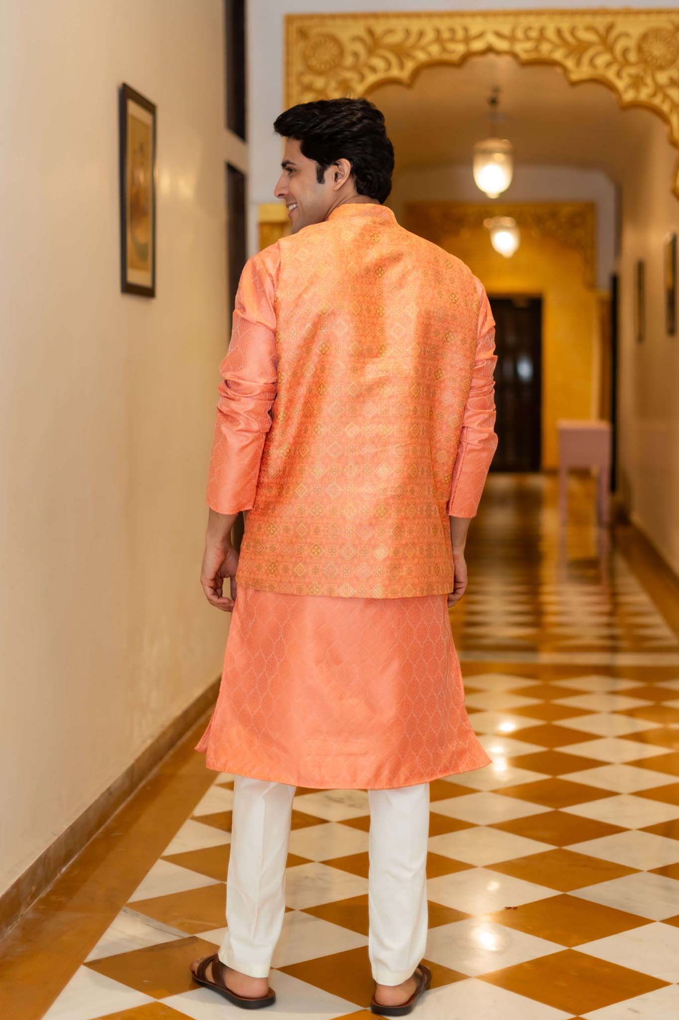 The Orange Long Kurta with Spanish Orange Banarasi Print Nehru Jacket